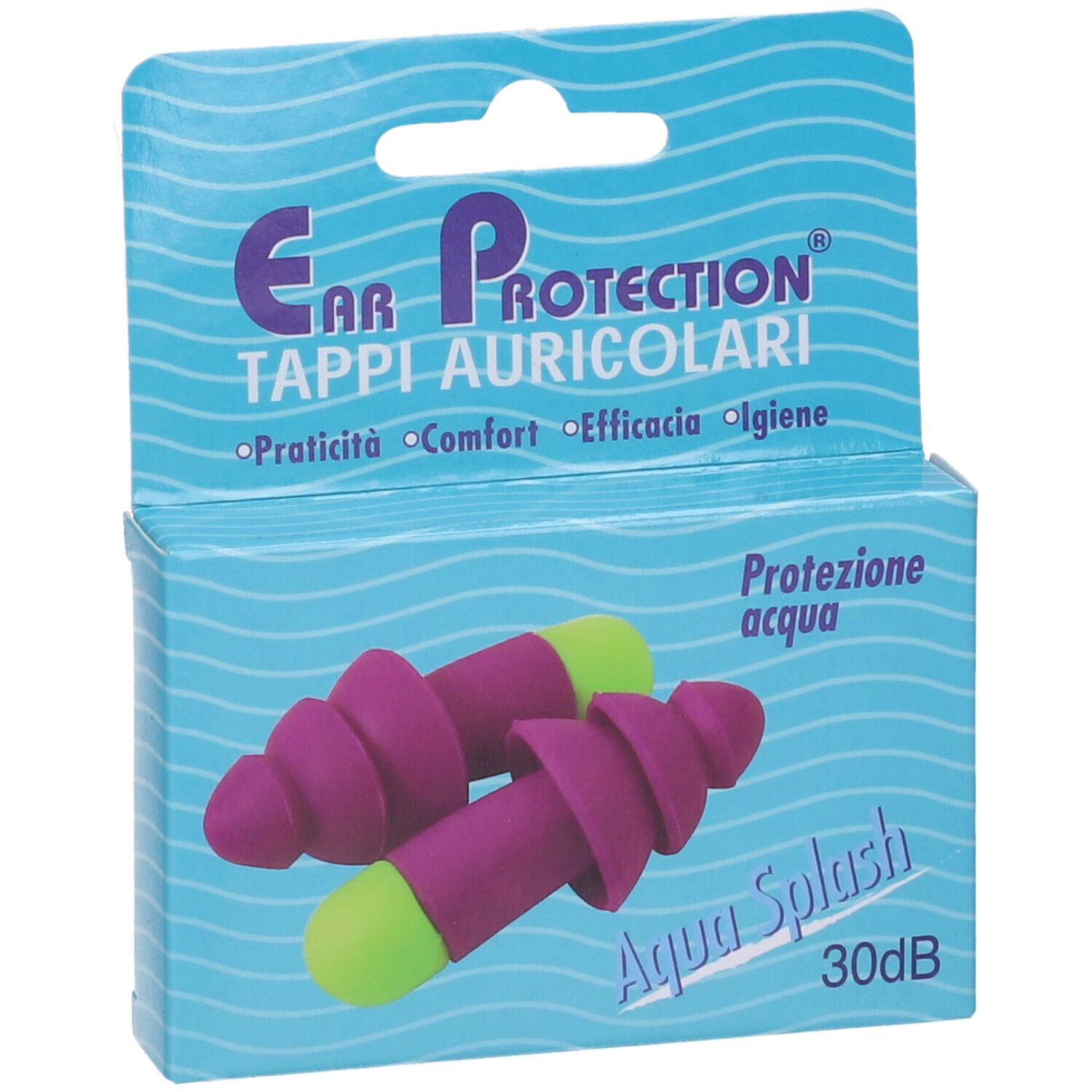 Tappi per le orecchie in confezione. Tappi viola e verdi. Confezione con scritta 'Ear Protection' e 'Aqua Splash'.