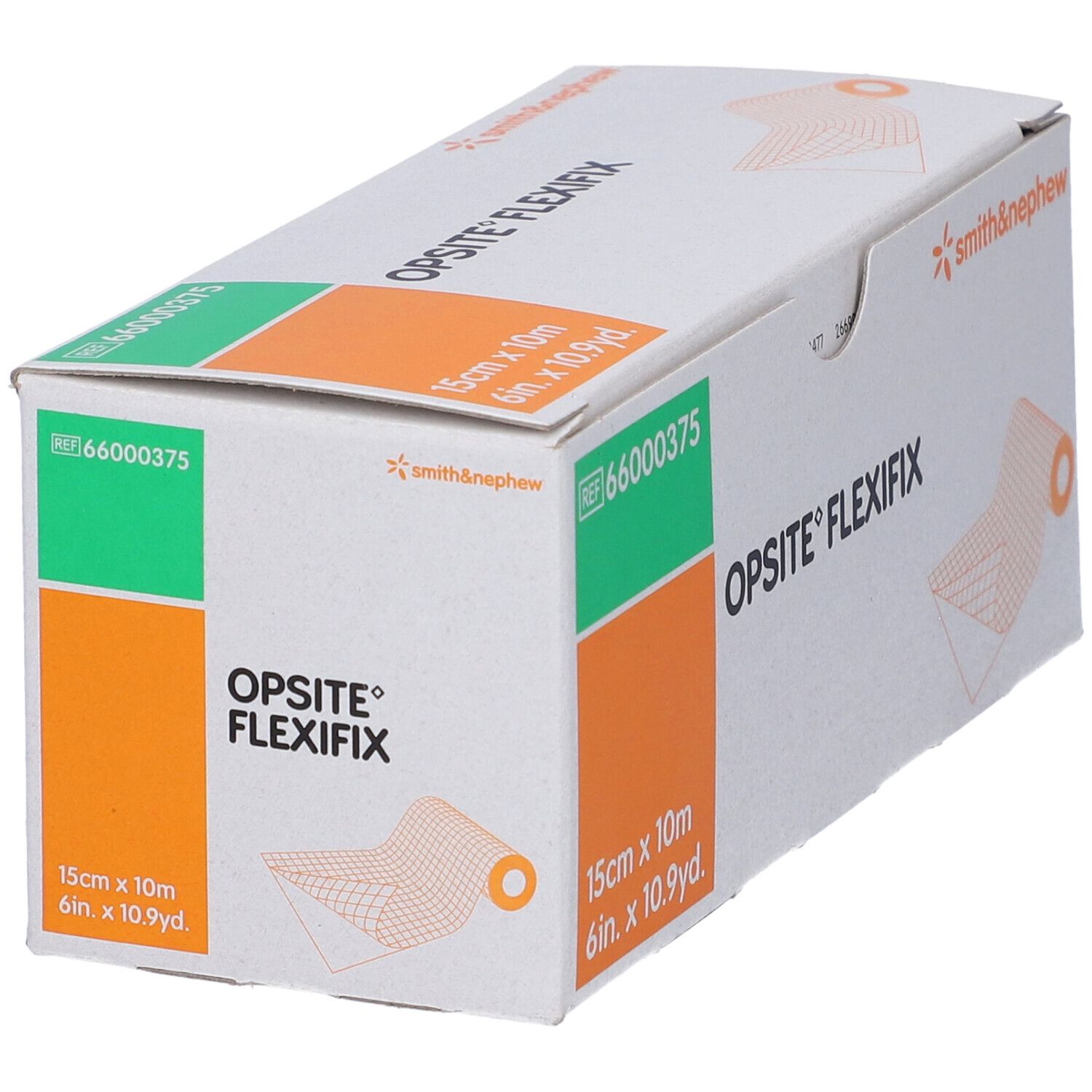 Confezione OPSITE FLEXIFIX, rotolo 15cm x 10m. Marchio Smith & Nephew. Dettagli verde-arancio.