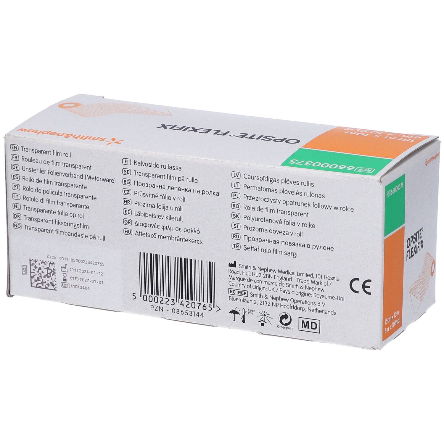 Retro confezione OPSITE FLEXIFIX. Testo multilingue. Codice a barre e marchio CE.