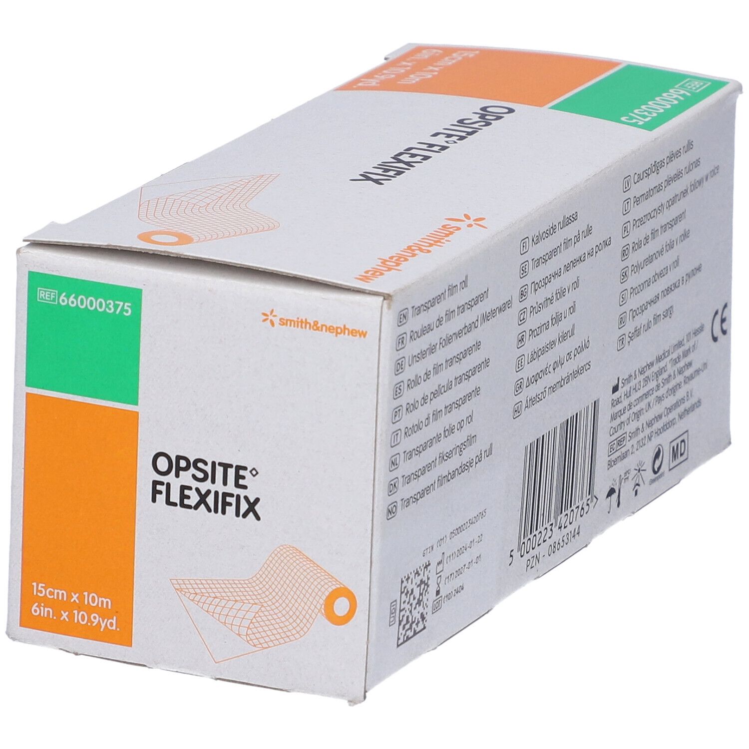 Confezione OPSITE FLEXIFIX, rotolo 15cm x 10m. Marchio Smith & Nephew. Dettagli verde-arancio.