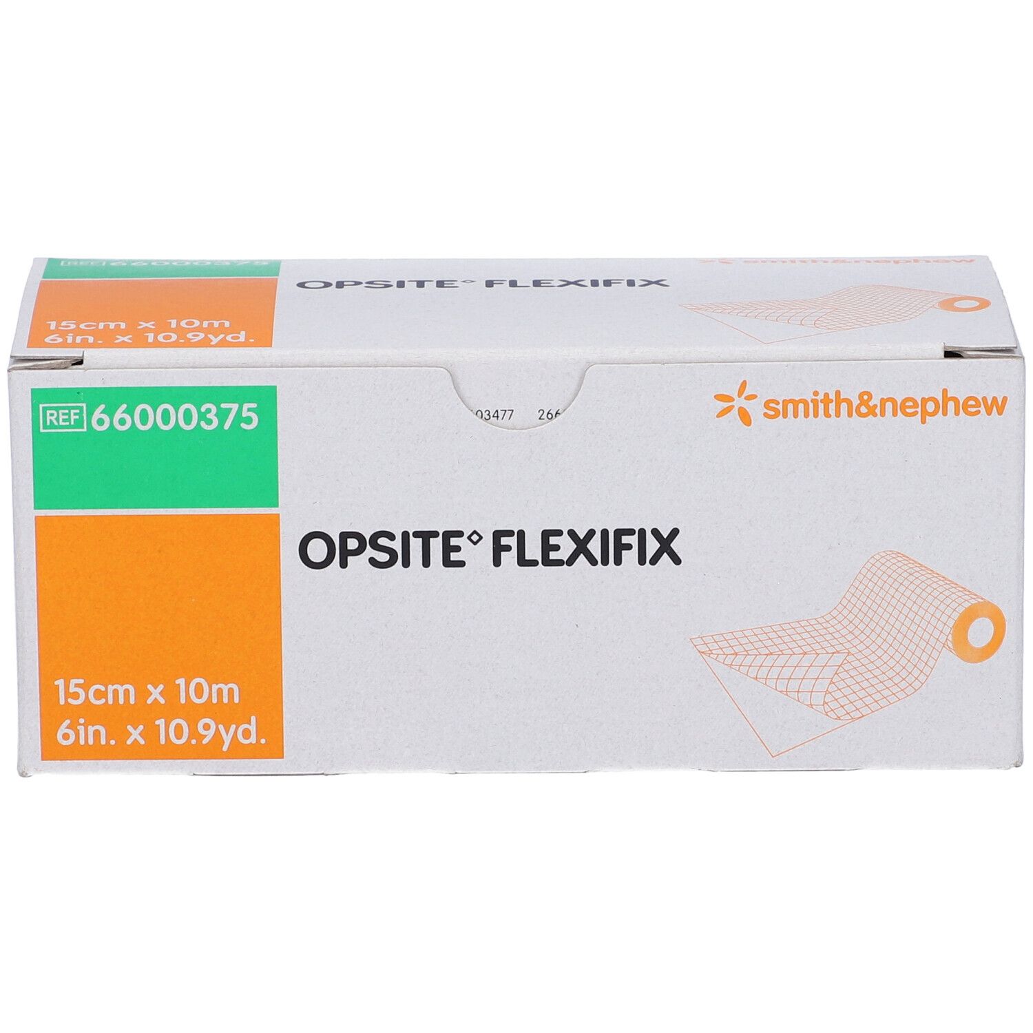 Confezione OPSITE FLEXIFIX, rotolo 15cm x 10m. Marchio Smith & Nephew. Dettagli verde-arancio.