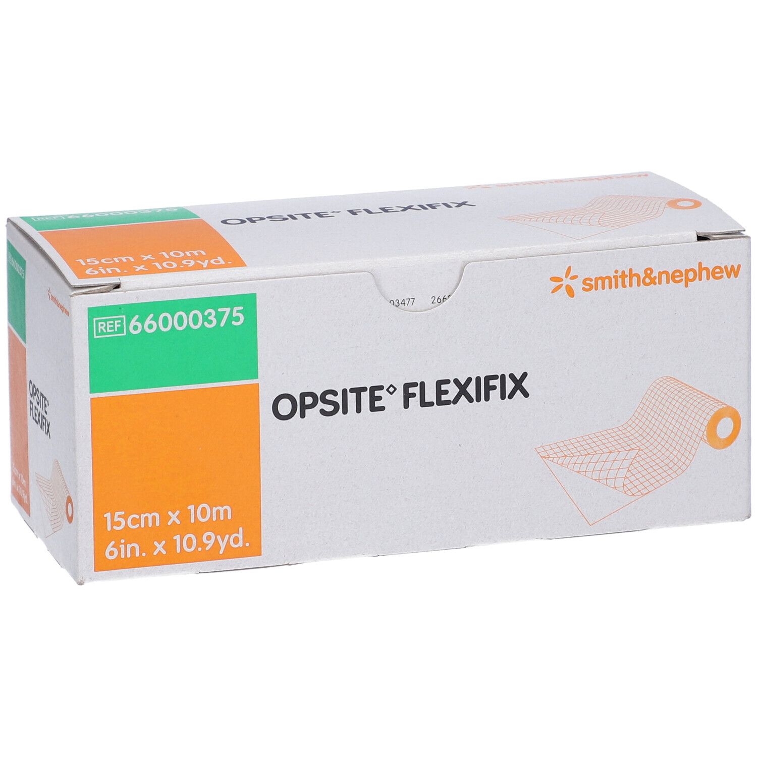Confezione OPSITE FLEXIFIX, rotolo 15cm x 10m. Marchio Smith & Nephew. Dettagli verde-arancio.