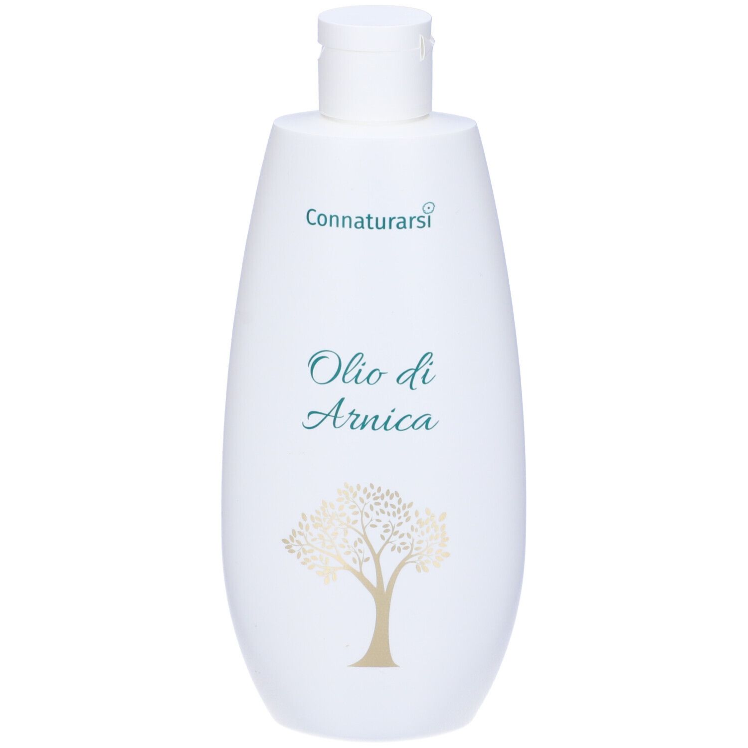 Flacone bianco con tappo a ribalta. Scritta: Connatursi, Olio di Arnica. Grafica ad albero. Etichetta con informazioni sul prodotto.