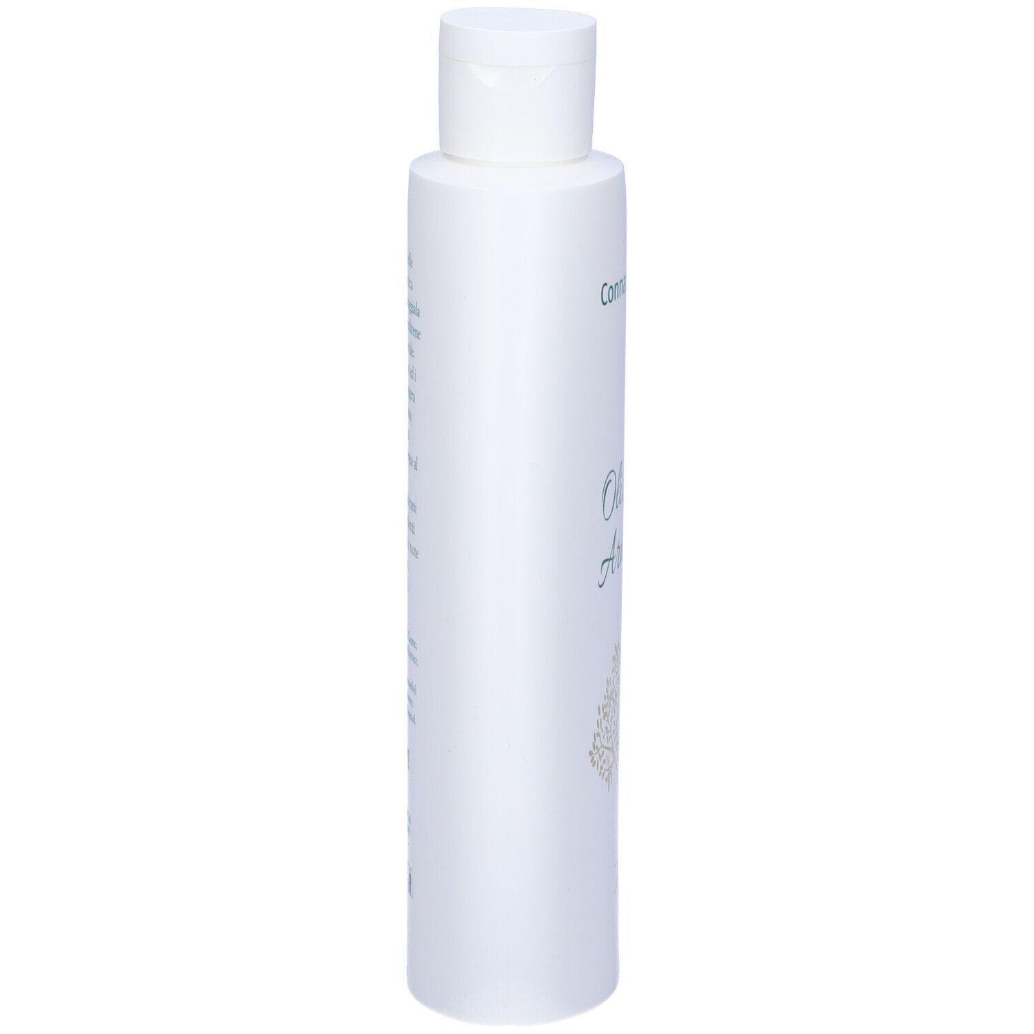 Flacone bianco con tappo a ribalta. Scritta: Connatursi, Olio di Arnica. Grafica ad albero. Etichetta con informazioni sul prodotto.