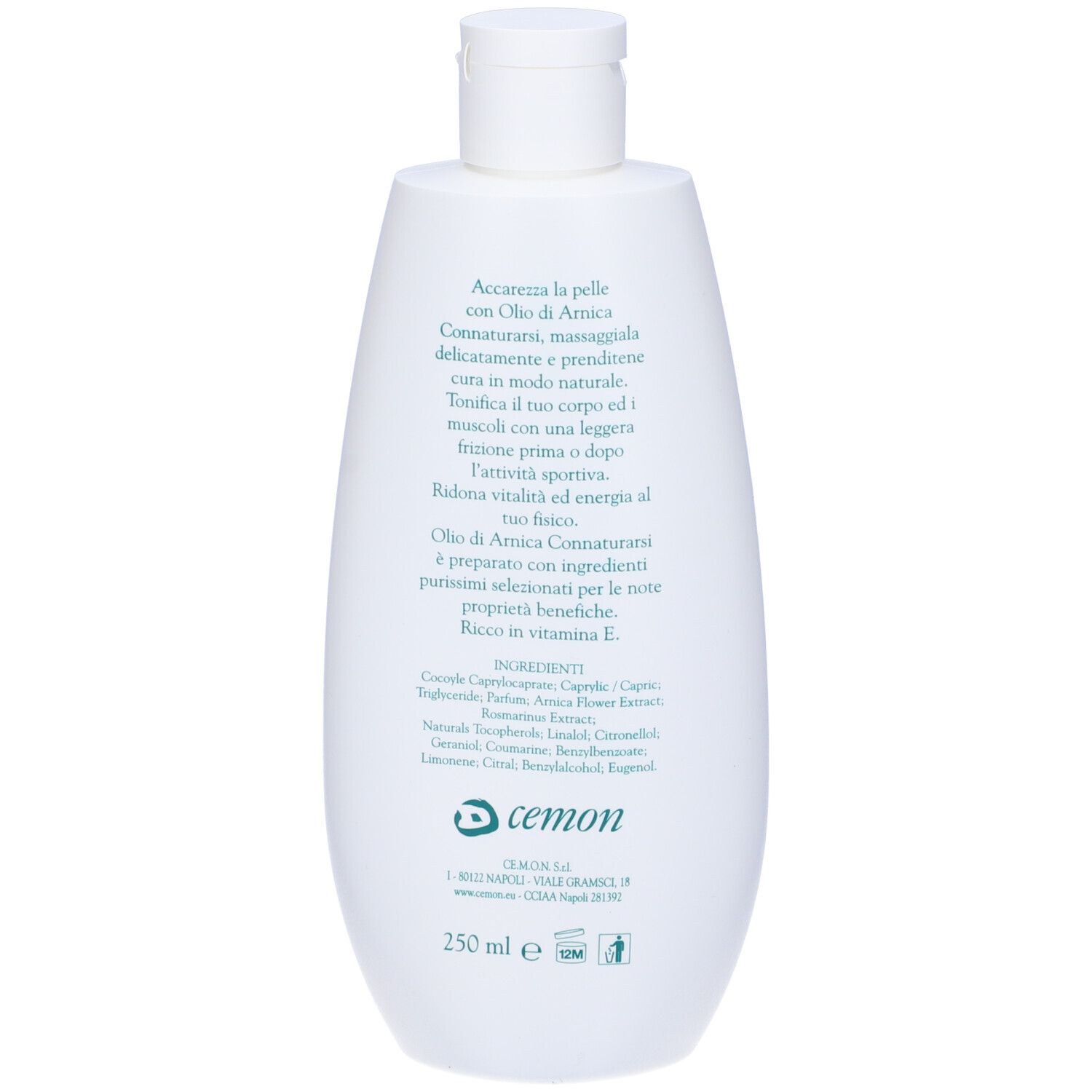 Flacone bianco con tappo a ribalta. Scritta: Connatursi, Olio di Arnica. Grafica ad albero. Etichetta con informazioni sul prodotto.