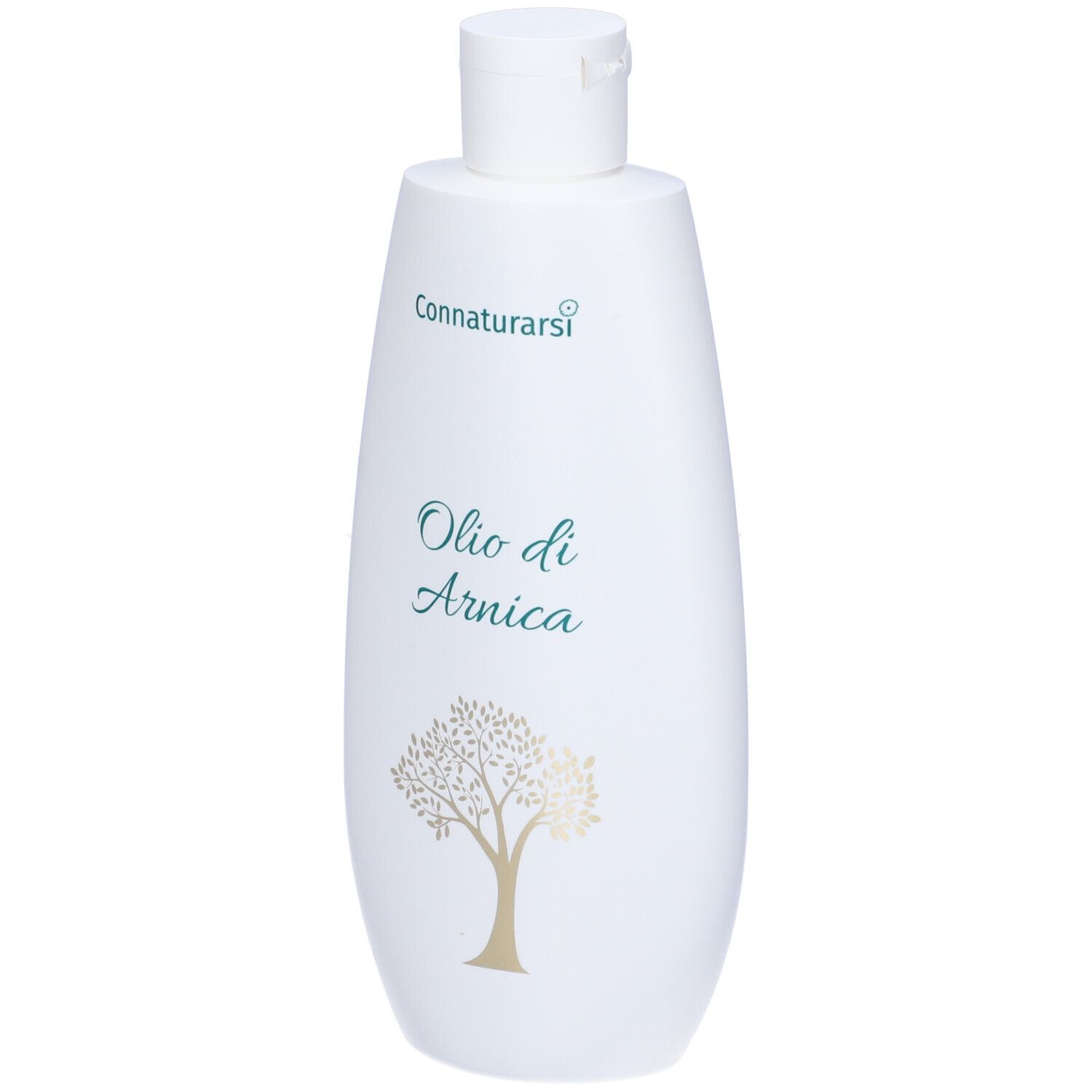 Flacone bianco con tappo a ribalta. Scritta: Connatursi, Olio di Arnica. Grafica ad albero. Etichetta con informazioni sul prodotto.