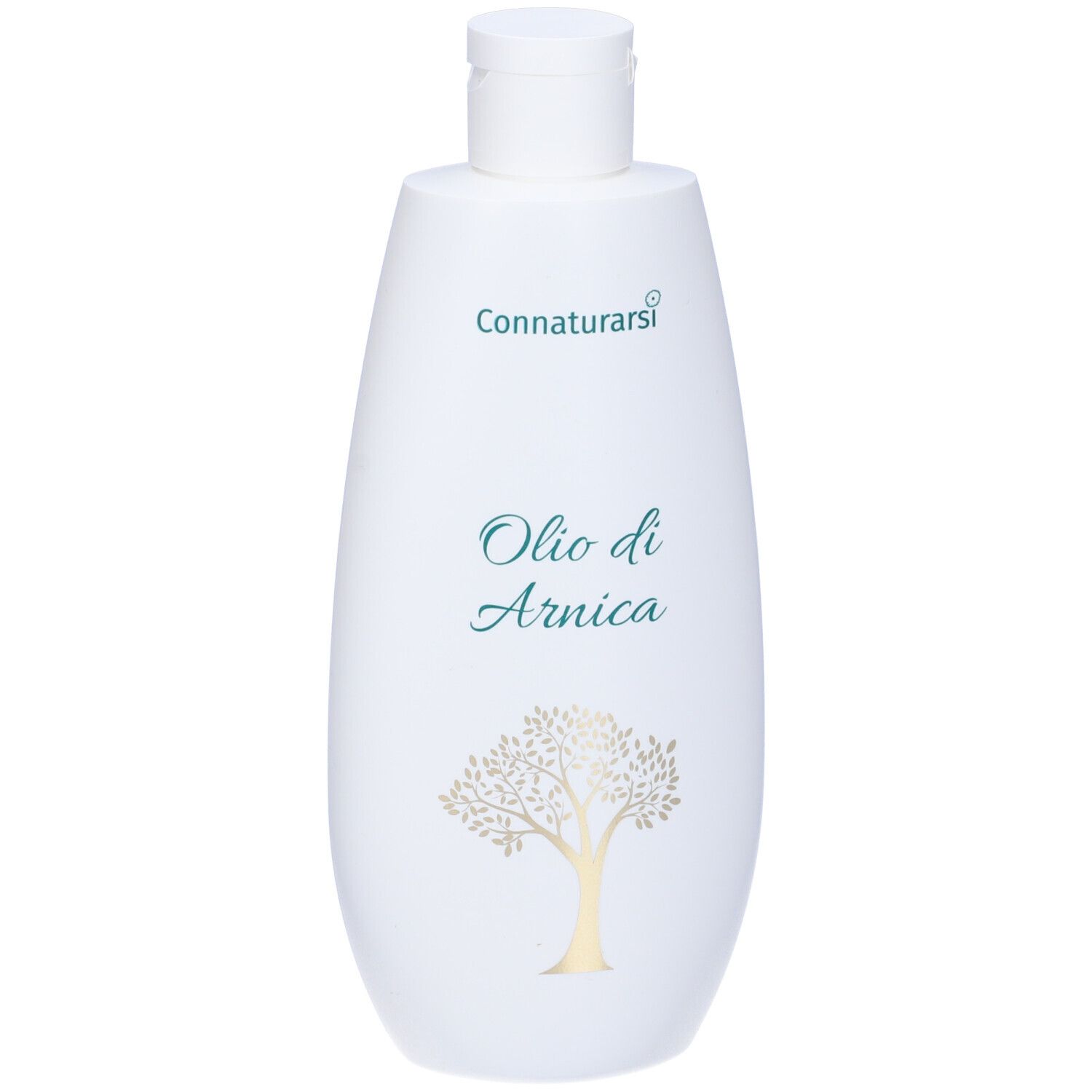 Flacone bianco con tappo a ribalta. Scritta: Connatursi, Olio di Arnica. Grafica ad albero. Etichetta con informazioni sul prodotto.