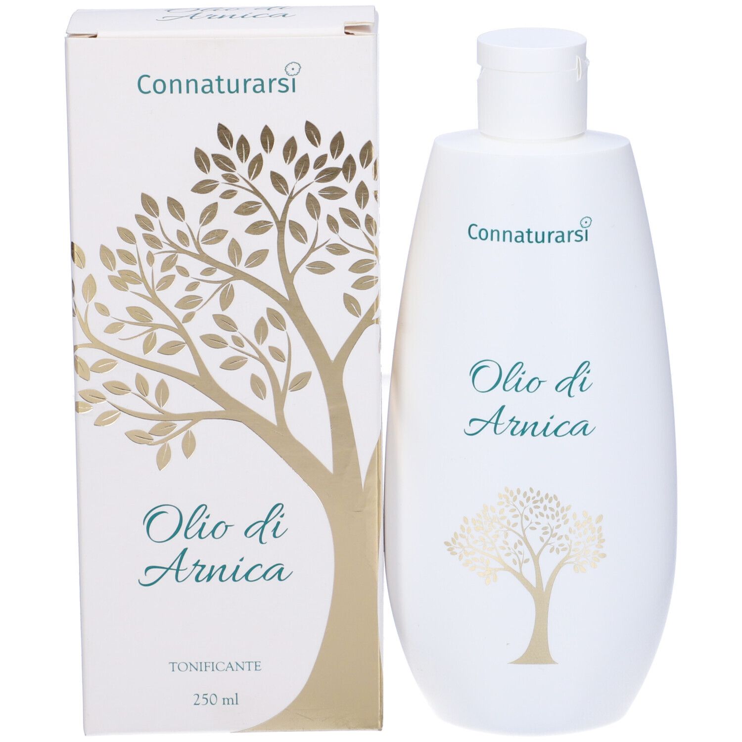 Flacone bianco e scatola. Scritta: Connatursi, Olio di Arnica. Grafica ad albero. Nome del prodotto e informazioni del produttore.