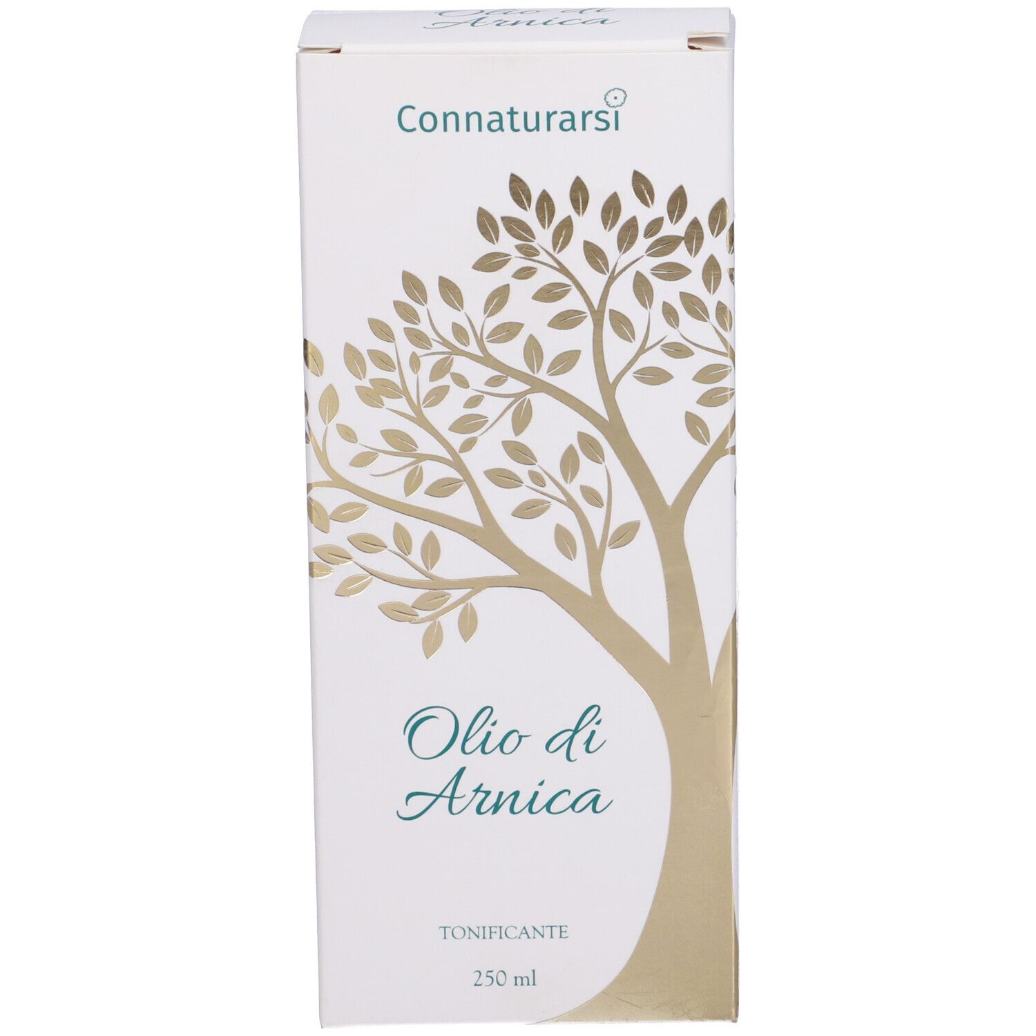 Confezione in cartone. Scritta: Connatursi, Olio di Arnica. Grafica ad albero. Nome del prodotto e informazioni del produttore.