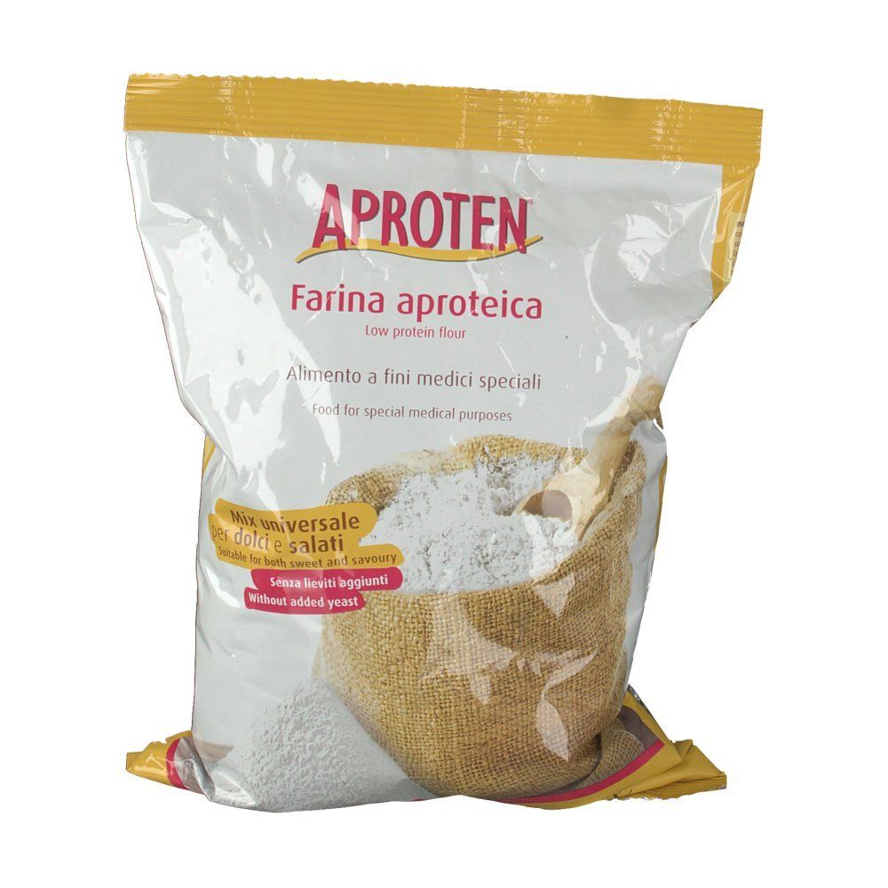 Confezione "Aproten Farina aproteica". La busta è leggermente inclinata.