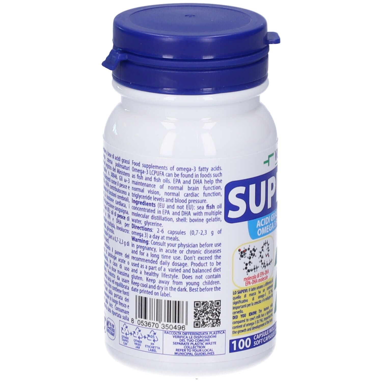 Retro di un flacone bianco con tappo blu. Informazioni testuali, codice QR e dettagli del produttore.