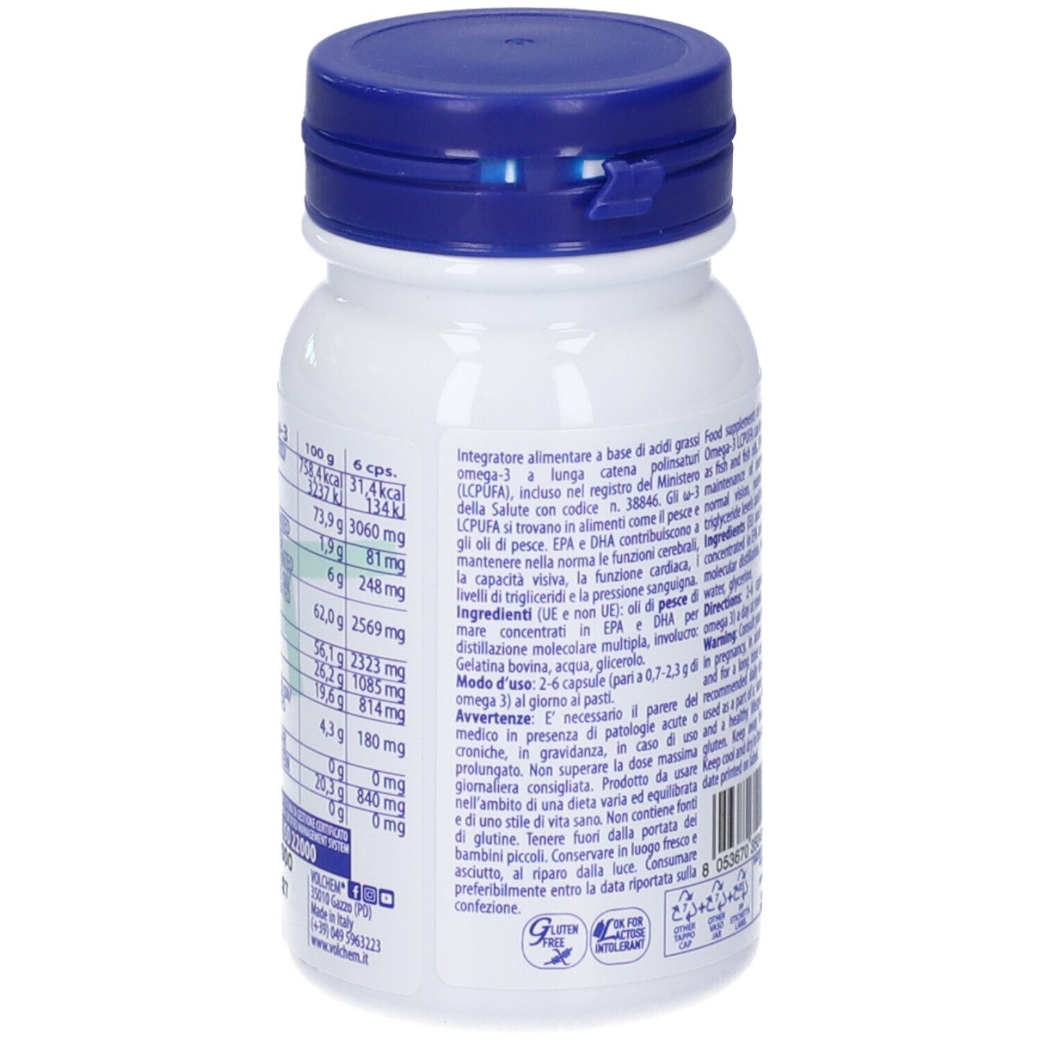 Retro di un flacone bianco con tappo blu. Informazioni nutrizionali e altre informazioni.