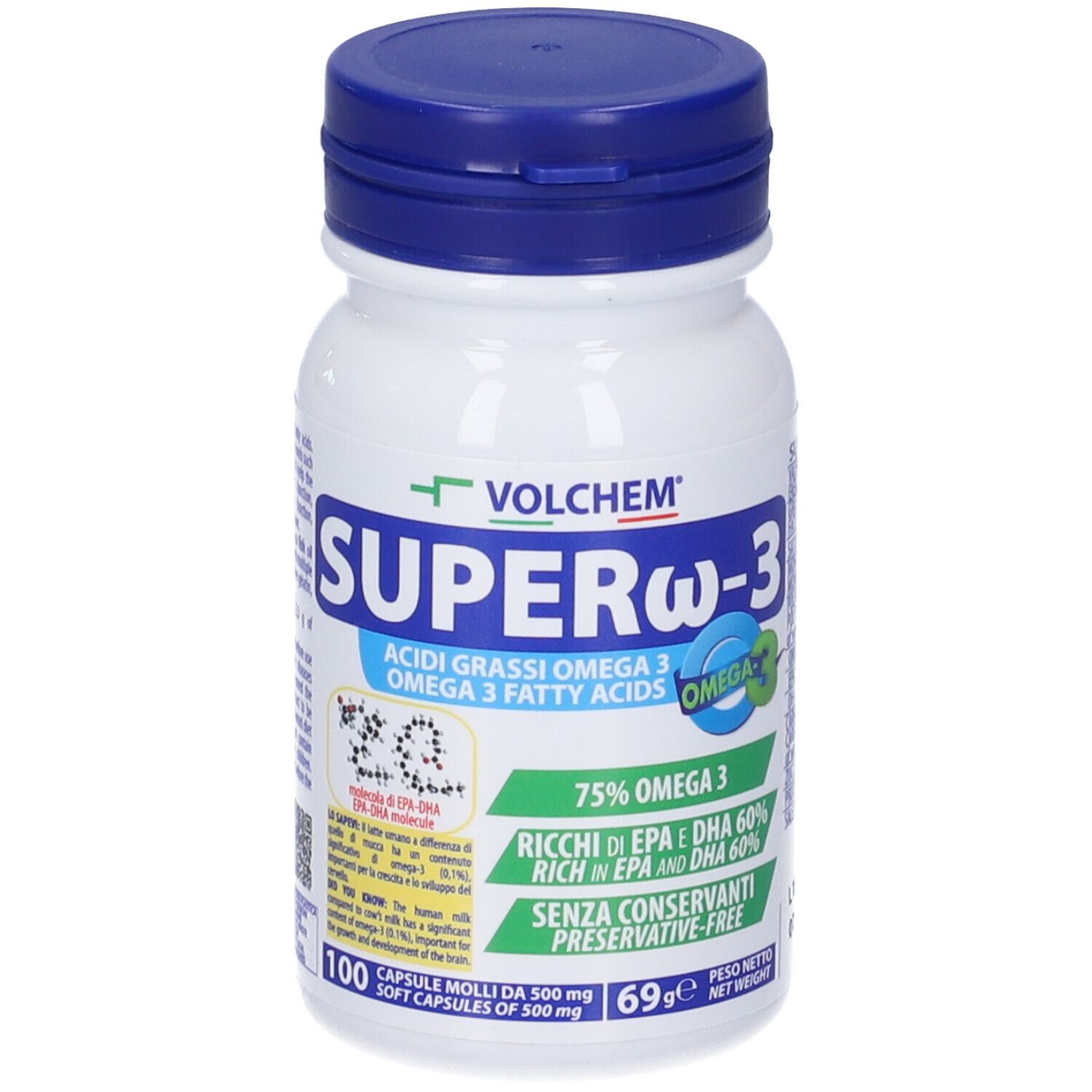 Flacone bianco con tappo blu. Scritta: SUPER ω-3, 75% Omega 3, 100 capsule. Marchio: VOLCHEM.