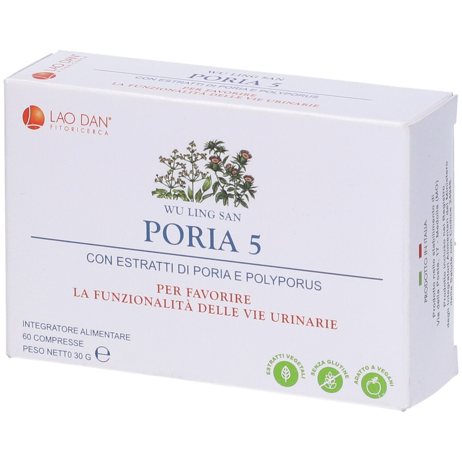 Scatola bianca Poria 5 con scritte. Contiene 60 compresse. Logo e illustrazione di piante.