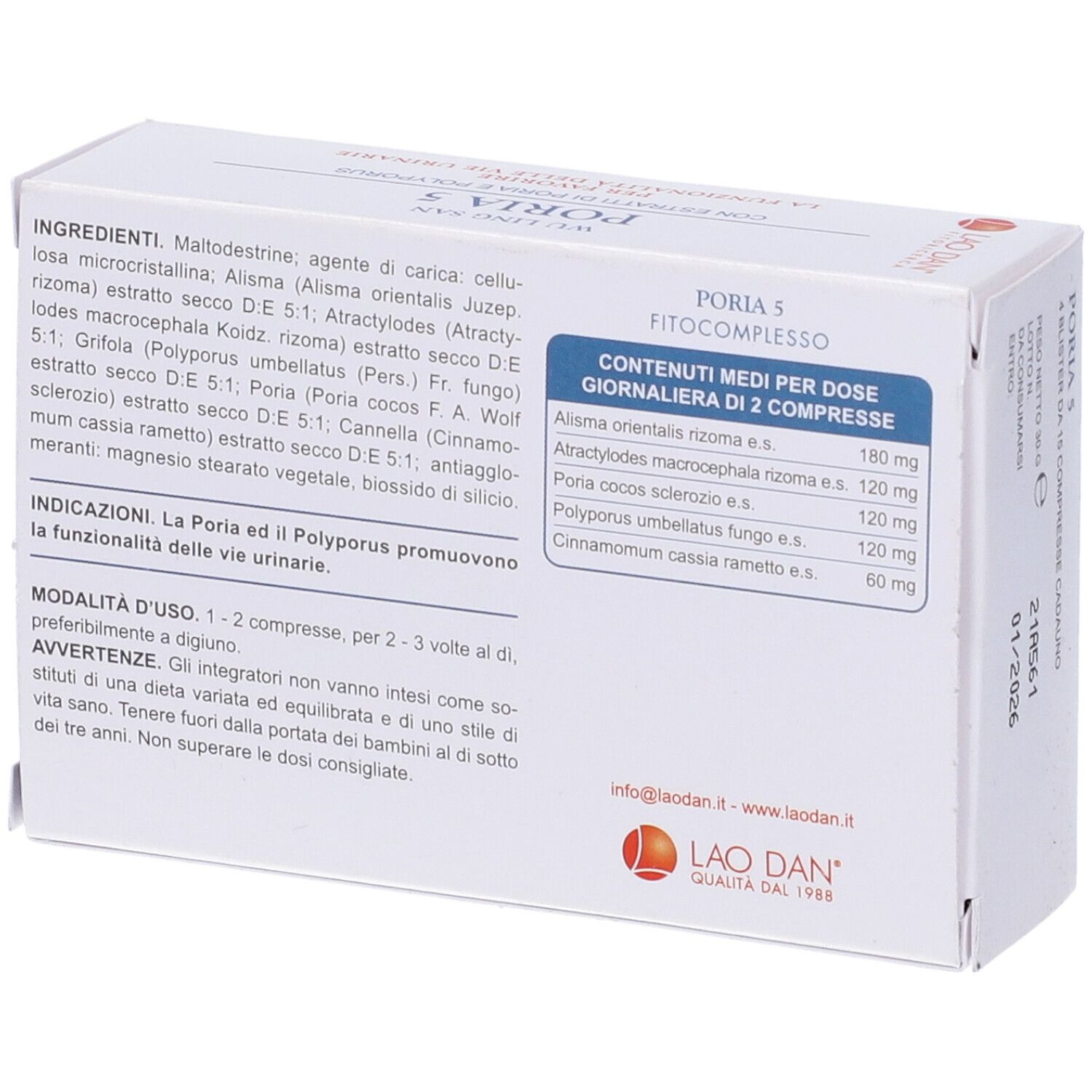 Retro della scatola Poria 5. Ingredienti, istruzioni per l'uso e informazioni nutrizionali.