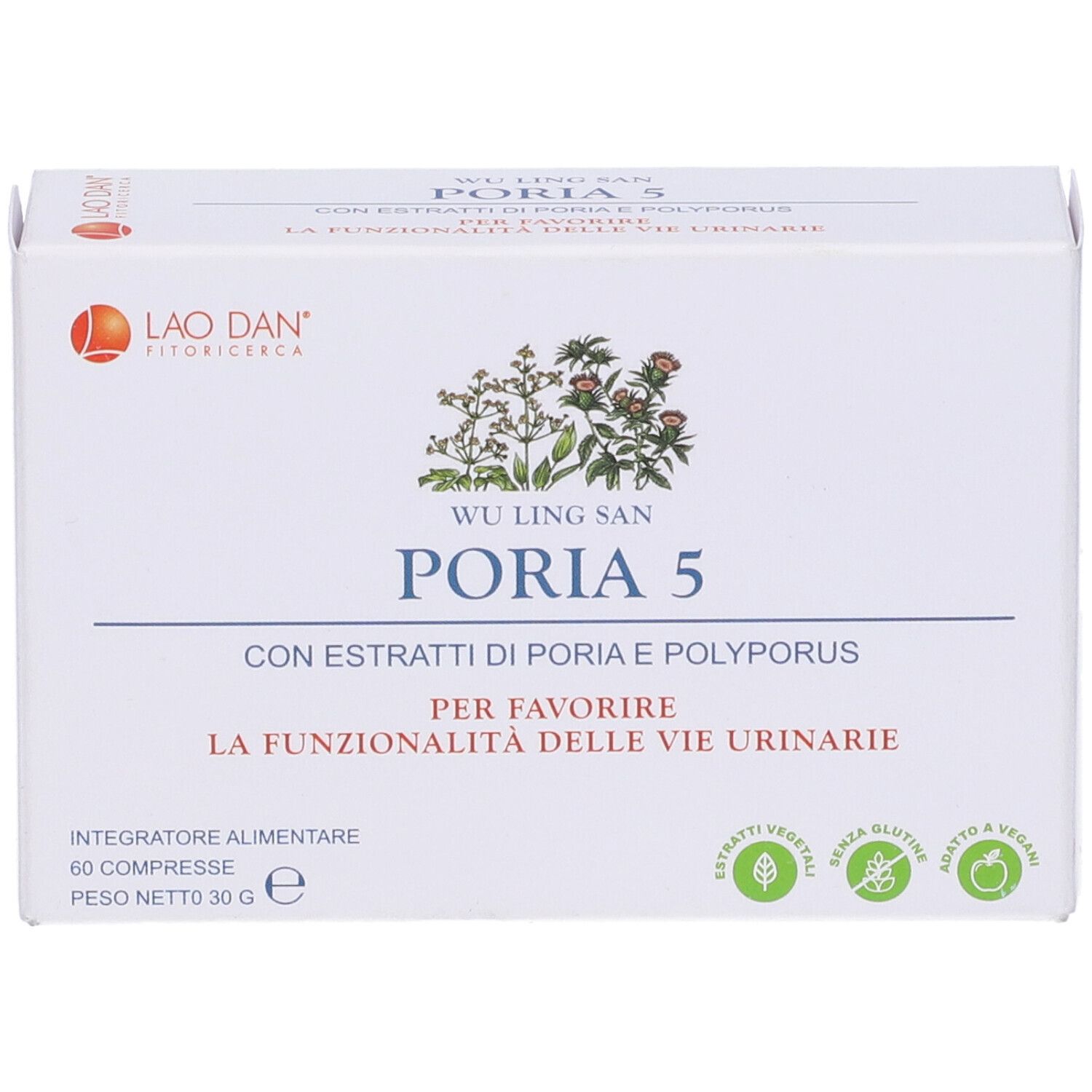 Scatola bianca Poria 5 con scritte. Contiene 60 compresse. Logo e illustrazione di piante.