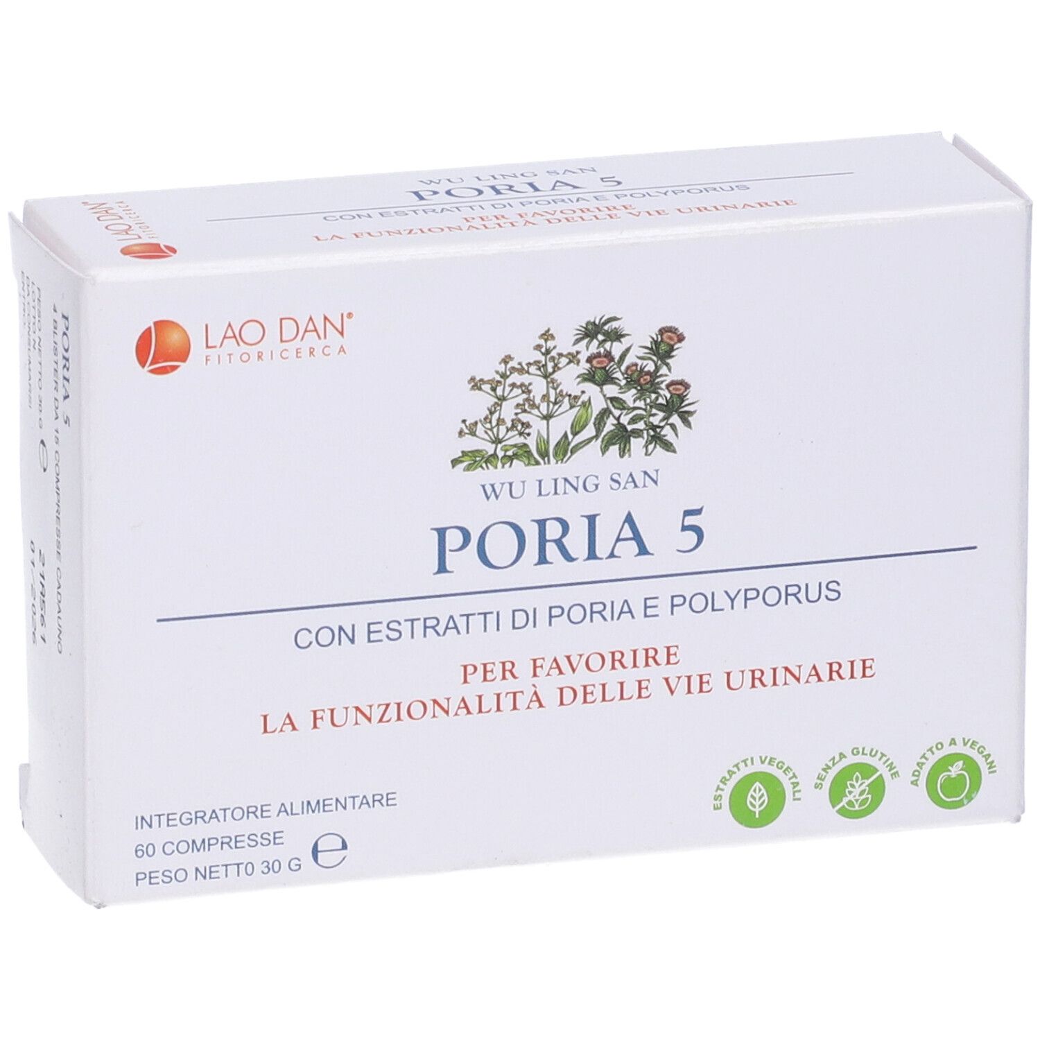 Scatola bianca Poria 5 con scritte. Contiene 60 compresse. Logo e illustrazione di piante.