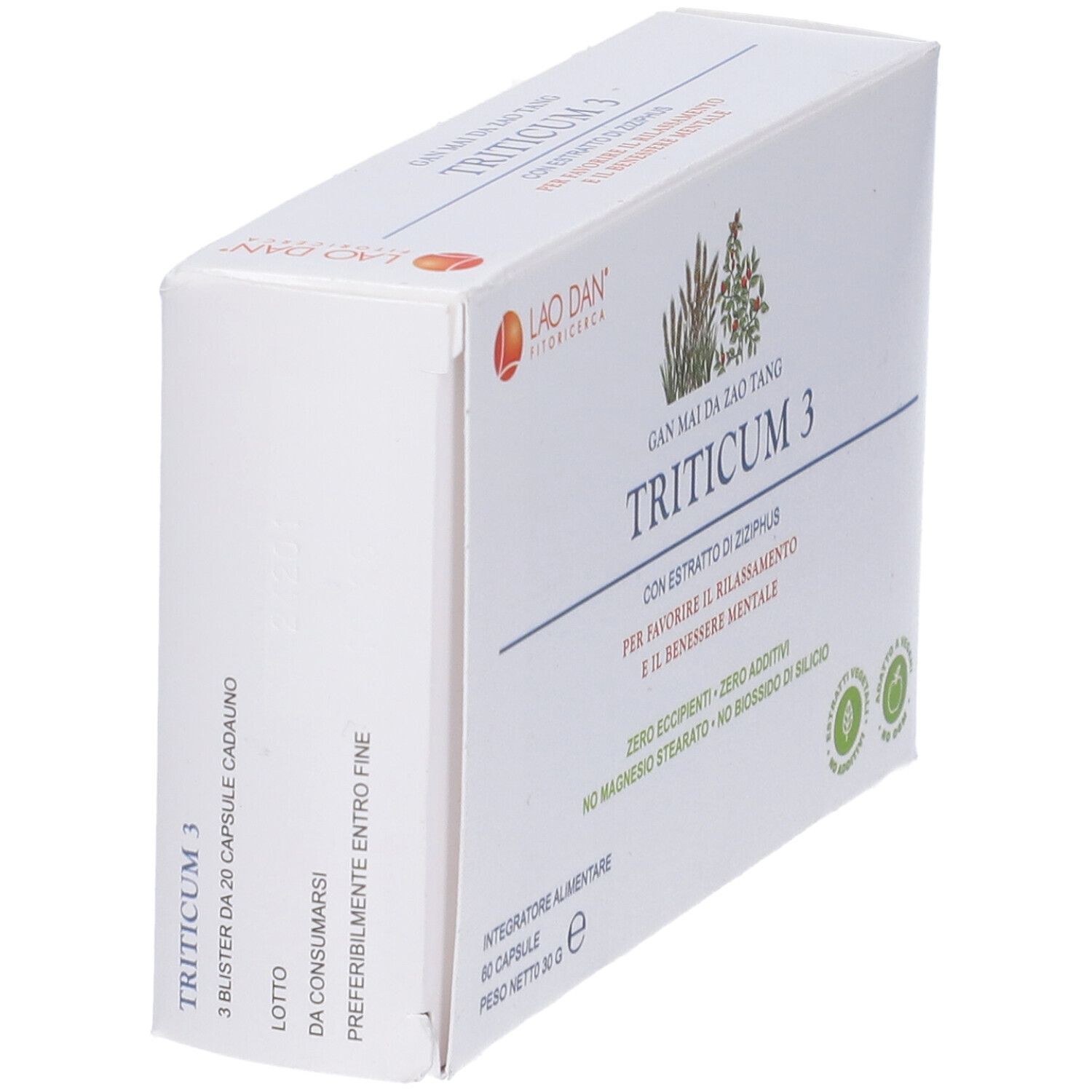 Scatola bianca Triticum 3. Logo Lao Dan. 3 blister da 20 capsule. Testo in italiano.