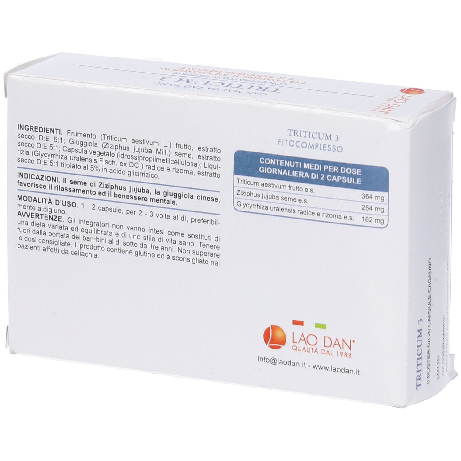 Scatola bianca Triticum 3. Retro con ingredienti e dosaggio. Logo Lao Dan. Testo in italiano.