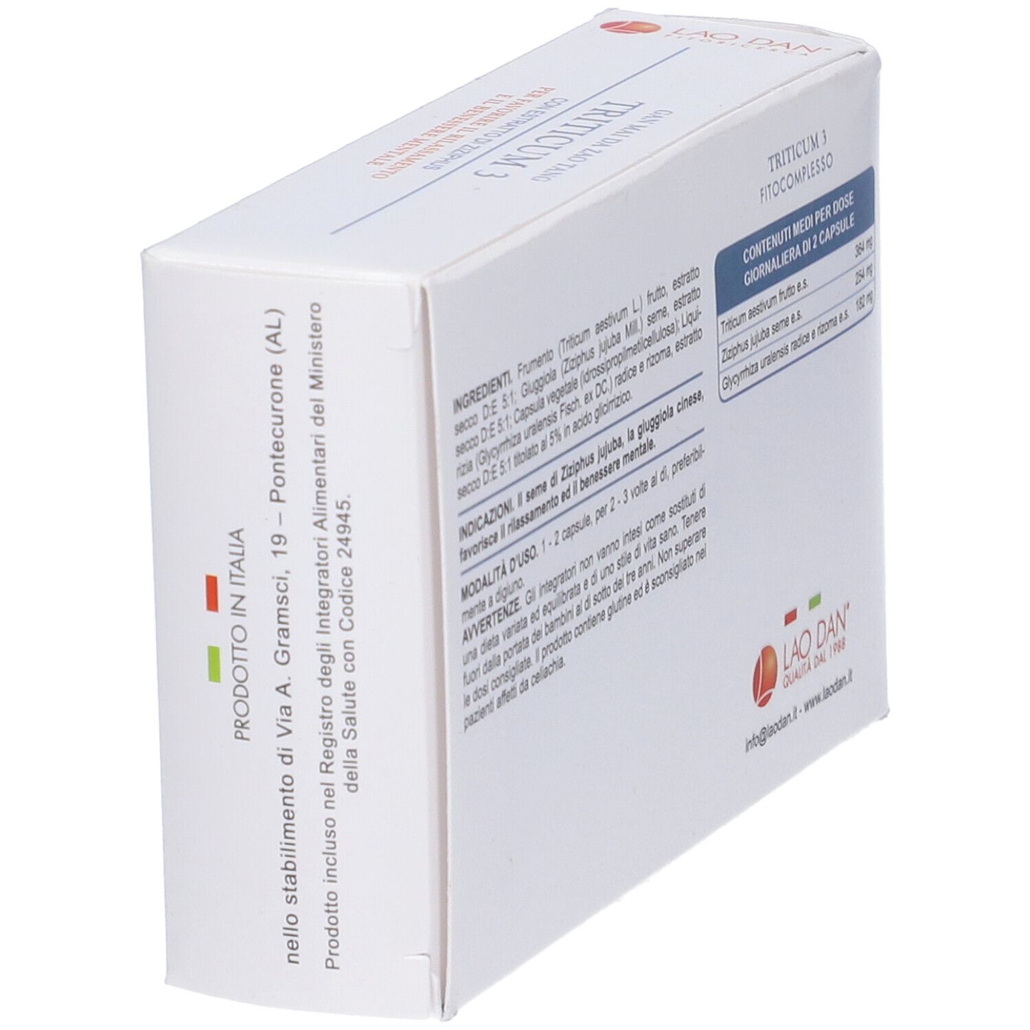 Scatola bianca Triticum 3. Lato con ingredienti e dosaggio. Logo Lao Dan. Testo in italiano.