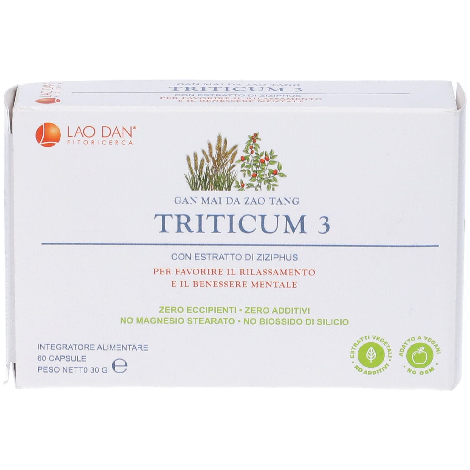 Scatola bianca Triticum 3. Logo Lao Dan. 60 capsule. Testo in italiano. Sigilli verdi.
