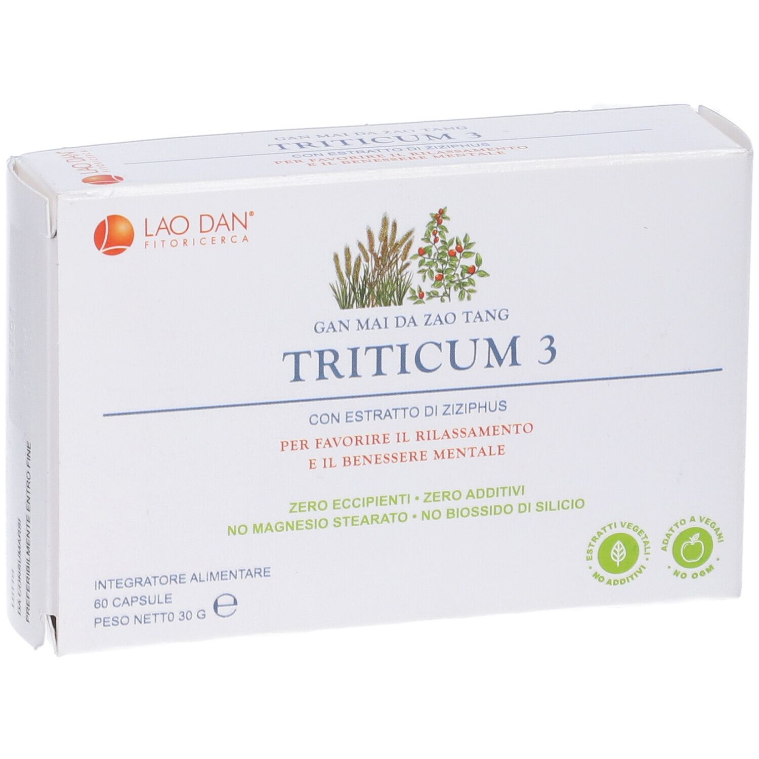 Scatola bianca Triticum 3. Logo Lao Dan. 60 capsule. Testo in italiano. Sigilli verdi.
