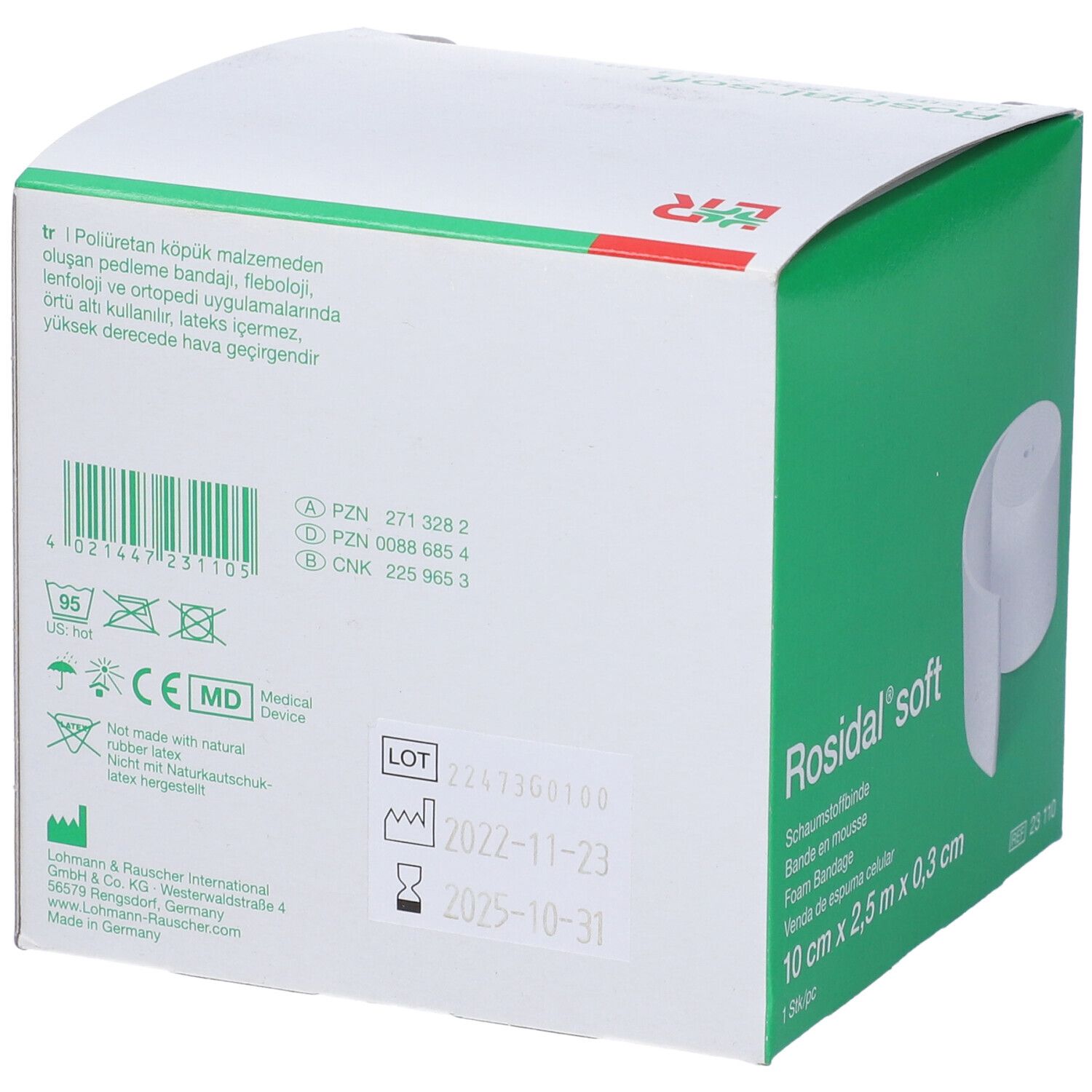 Retro della confezione Rosidal soft. Informazioni: numero di lotto, data di scadenza, indirizzo del produttore e simboli medici.