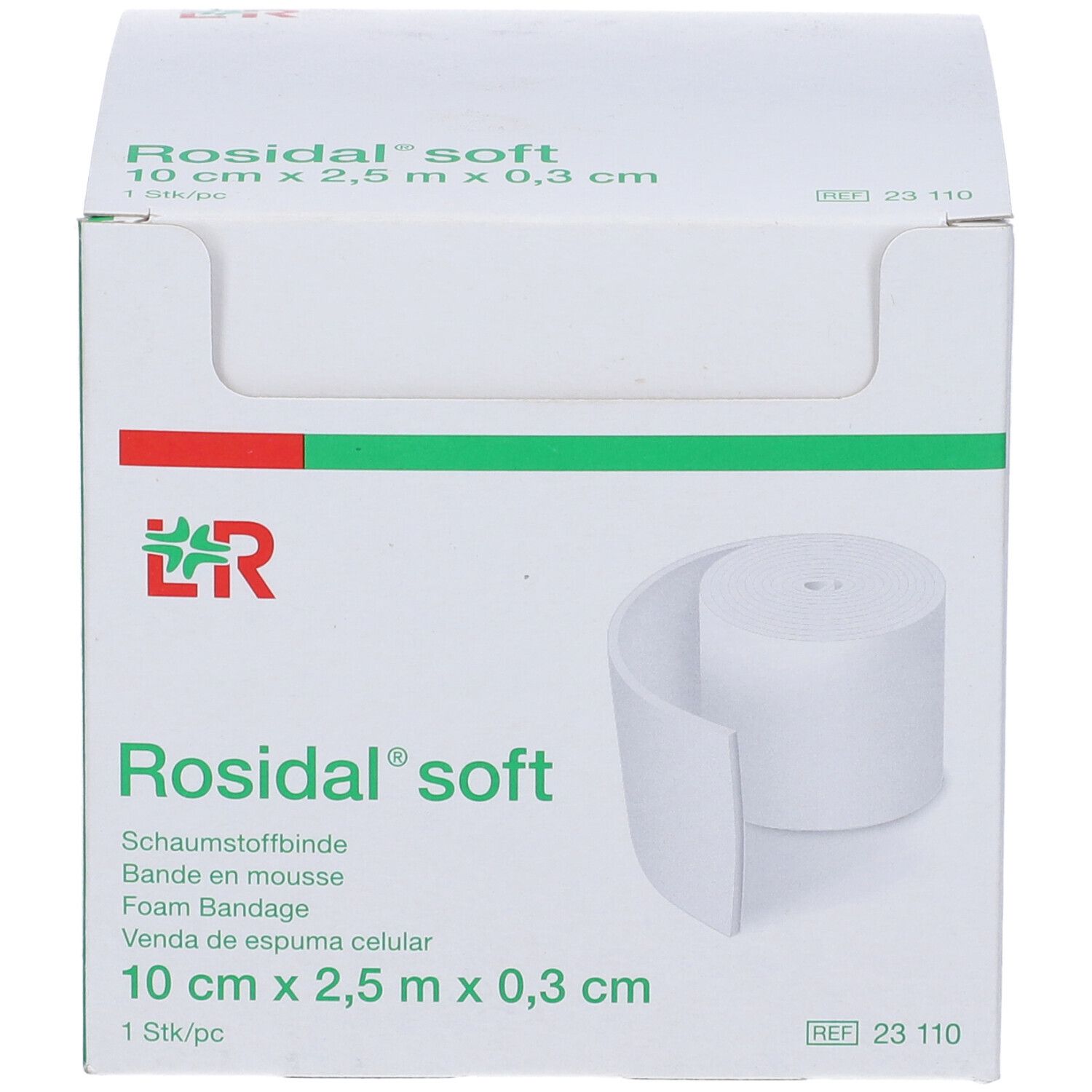 Confezione aperta di Rosidal soft. Mostra un rotolo di benda in schiuma. Nome del prodotto, dimensioni e logo ben visibili.
