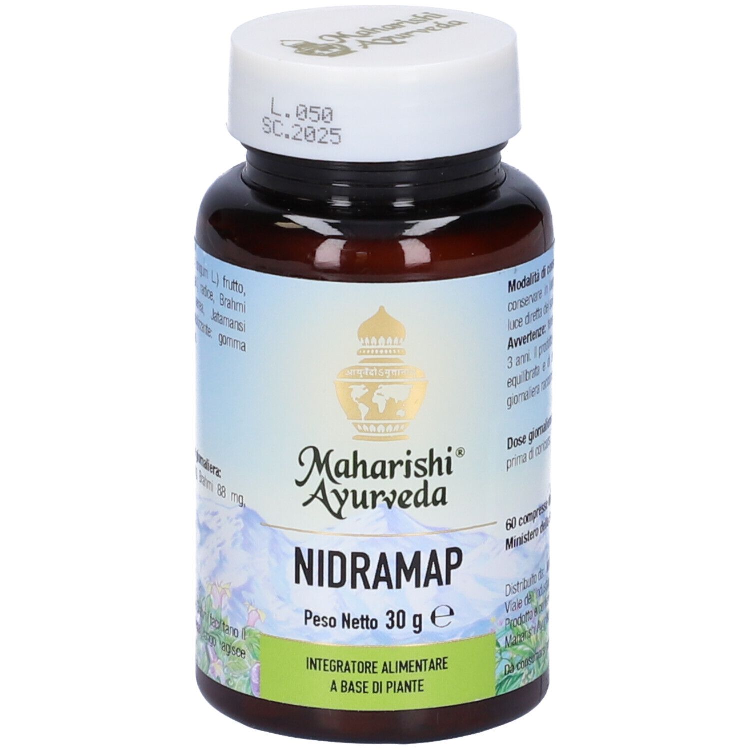 Flacone marrone di compresse con tappo bianco. Scritta: Nidramap, Maharishi Ayurveda, 60 compresse.