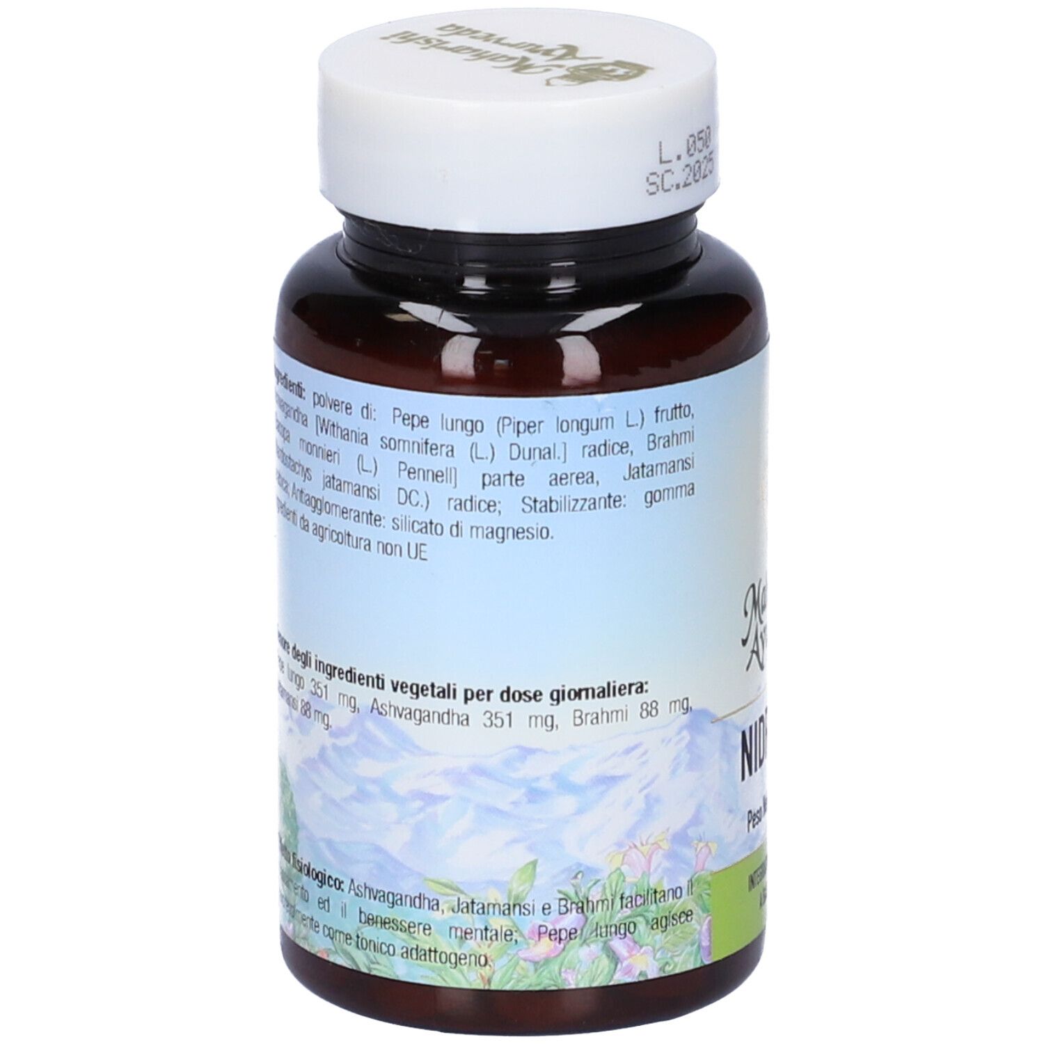 Retro del flacone di compresse. Testo con ingredienti e dosaggio. Maharishi Ayurveda.