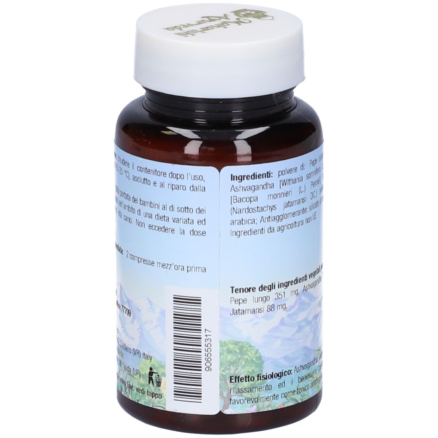 Retro del flacone di compresse. Testo con istruzioni per l'uso e ingredienti. Maharishi Ayurveda.