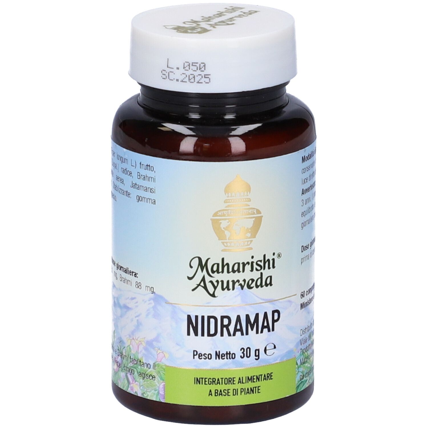 Flacone di compresse con tappo bianco. Scritta: Nidramap, Maharishi Ayurveda, 30 g.