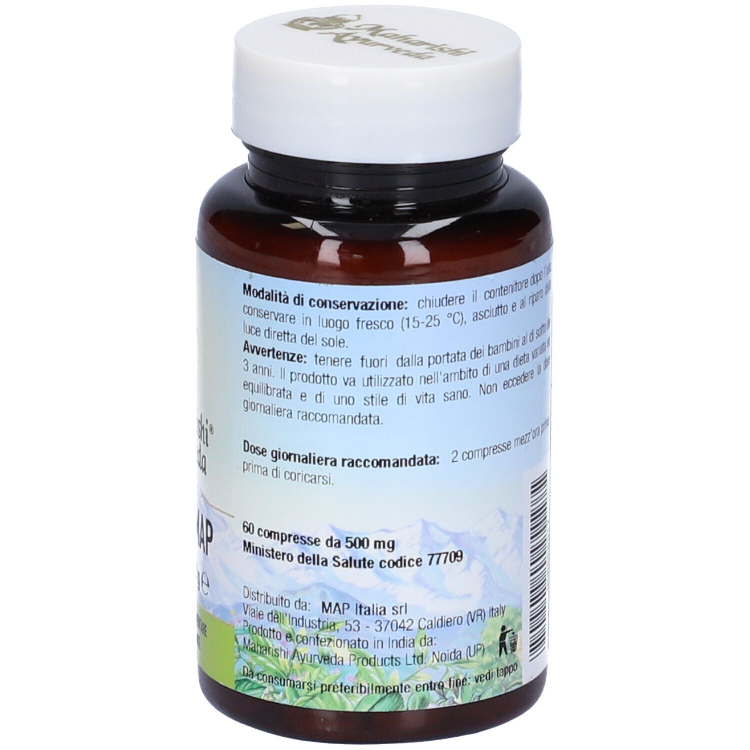 Retro del flacone di compresse. Testo con istruzioni per l'uso e ingredienti. Maharishi Ayurveda.