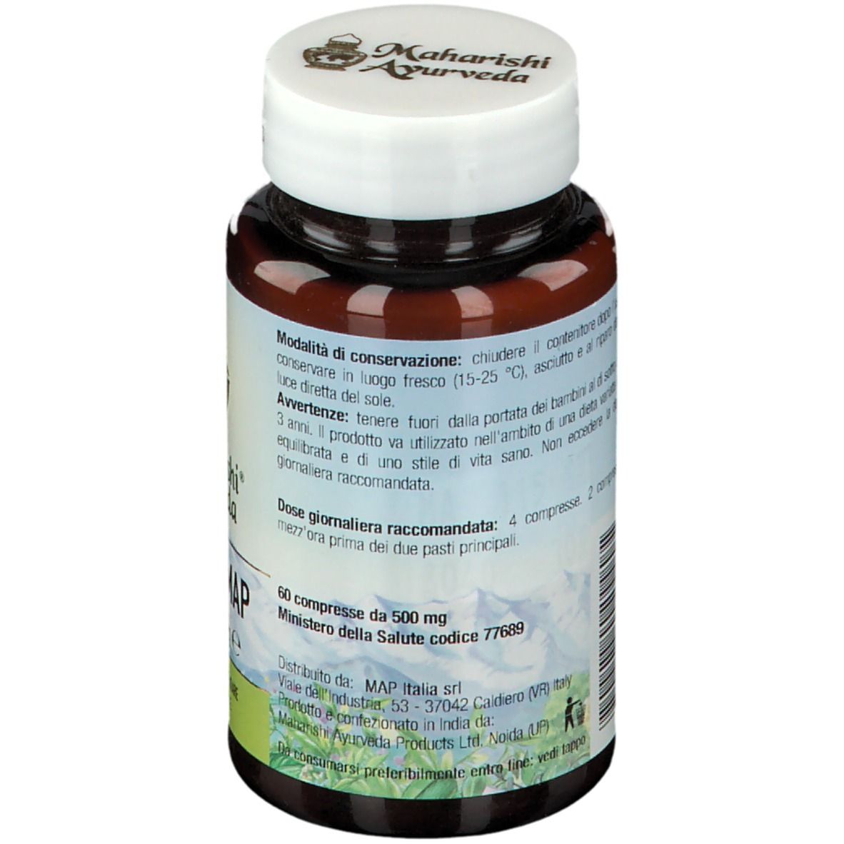 Retro del flacone di compresse. Testo in italiano. Scritta: 60 compresse da 500 mg.