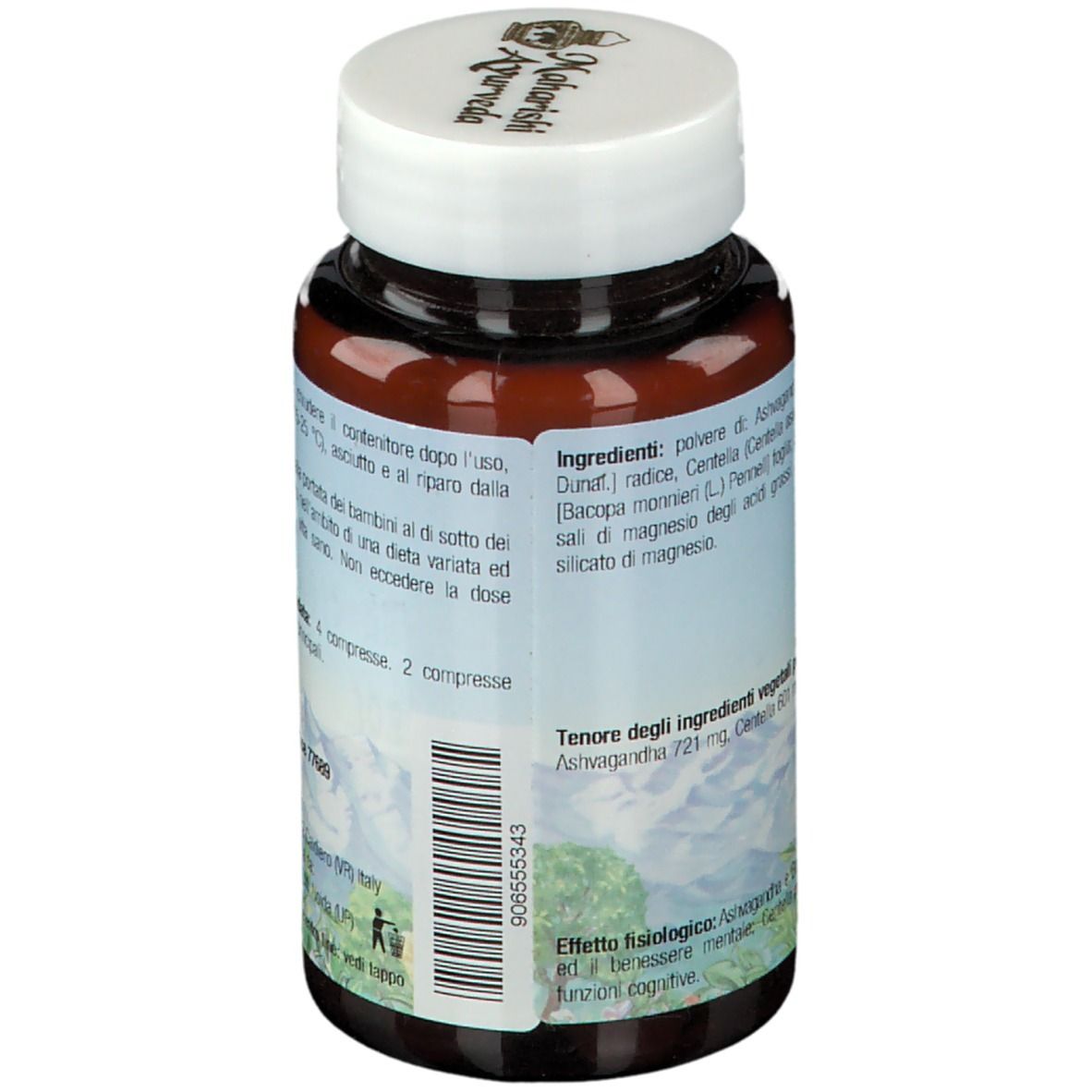 Retro del flacone di compresse. Testo in italiano. Elenco ingredienti e componenti.