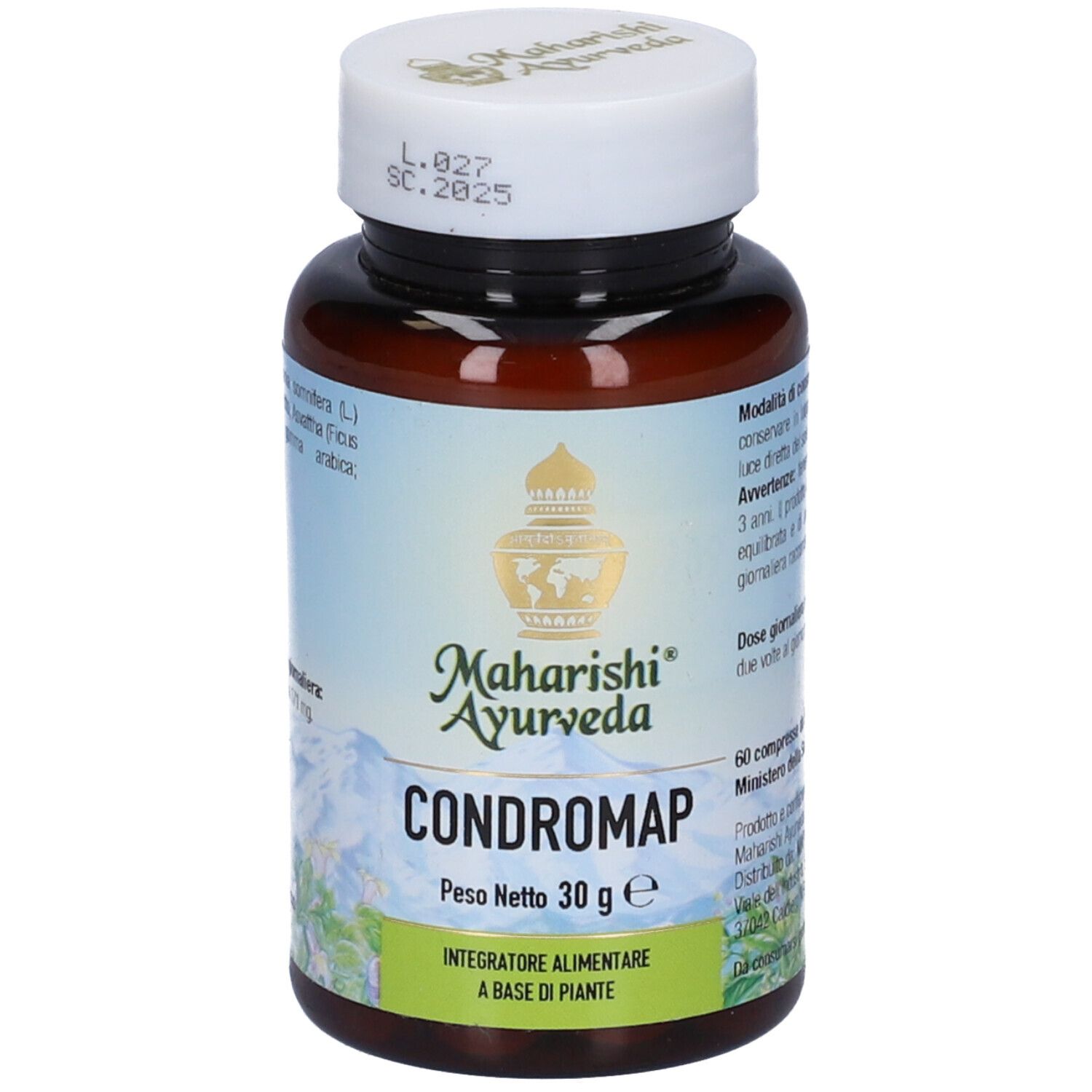 Flacone marrone con tappo bianco. Scritta: Condromap, Maharishi Ayurveda. Etichetta con ingredienti.