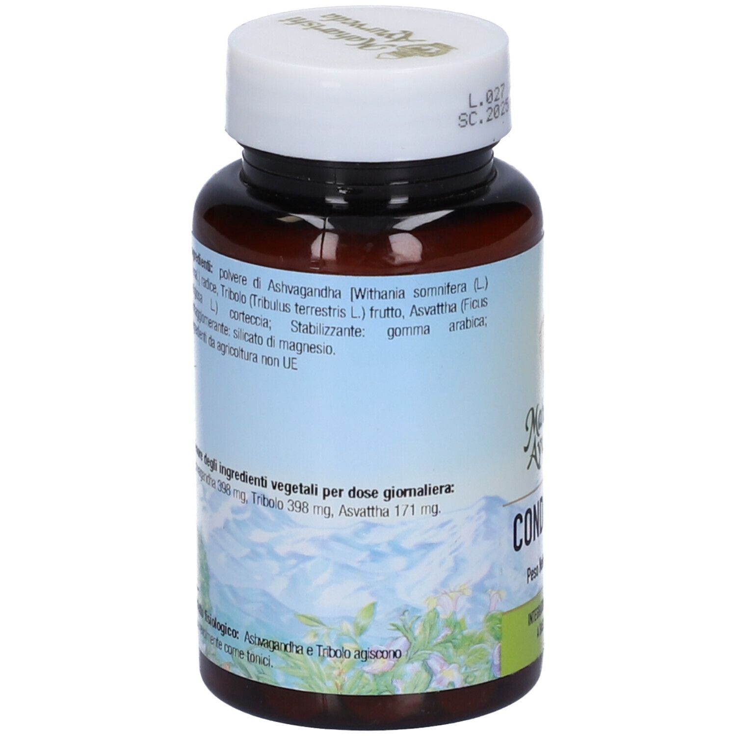 Retro del flacone marrone. Scritta: ingredienti, dosaggio. Tappo bianco.