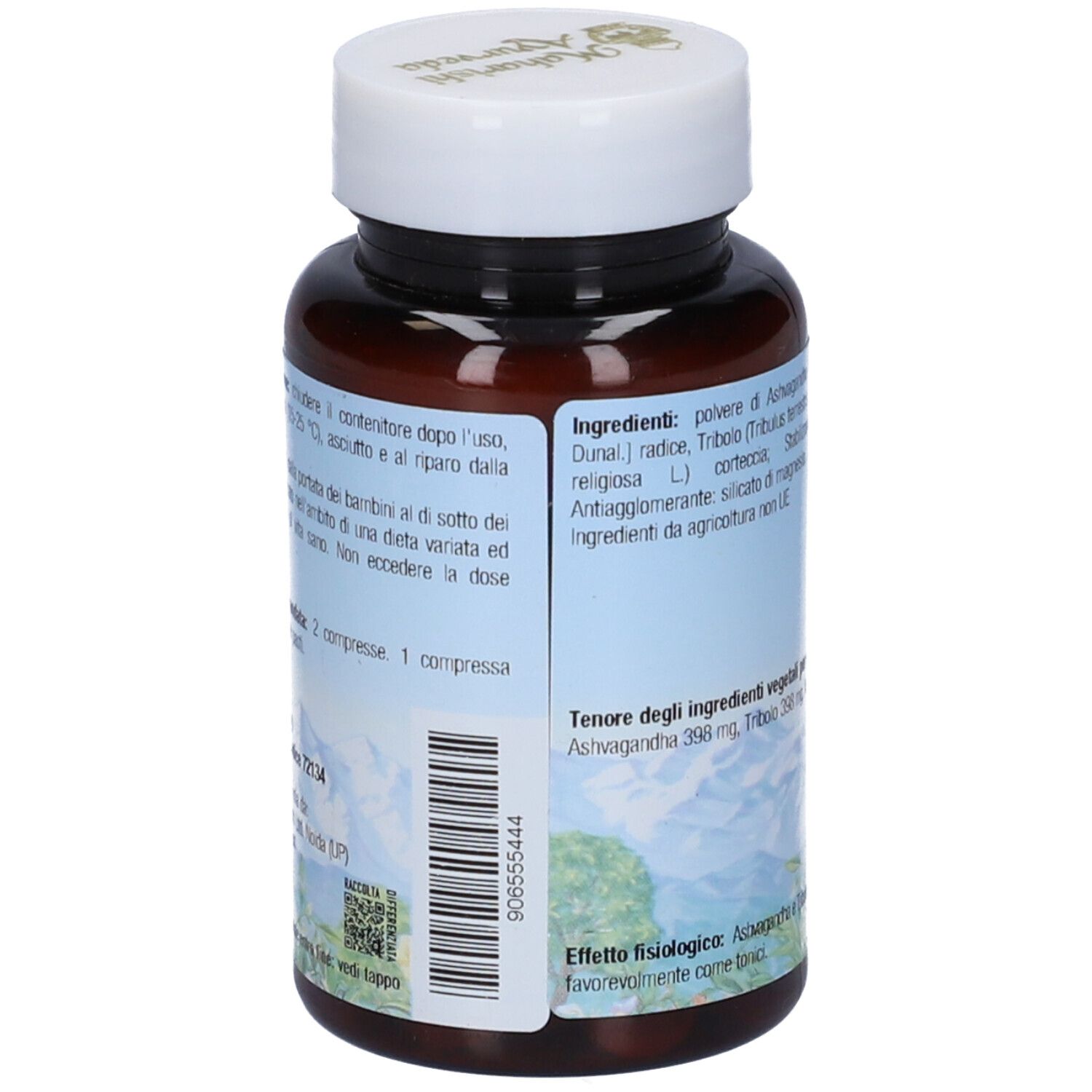 Retro del flacone marrone. Scritta: ingredienti, dosaggio. Tappo bianco.