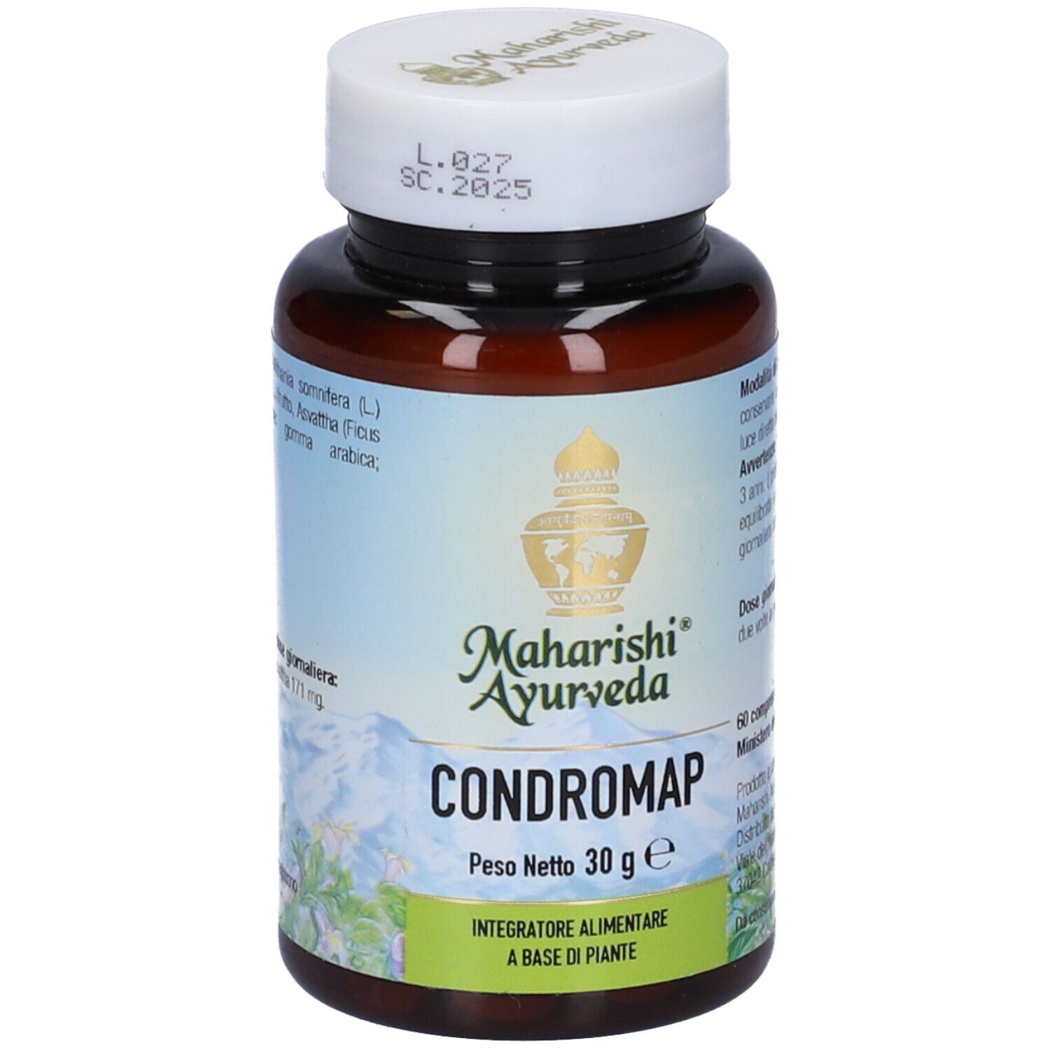 Flacone marrone con tappo bianco. Scritta: Condromap, Maharishi Ayurveda. Etichetta con ingredienti.