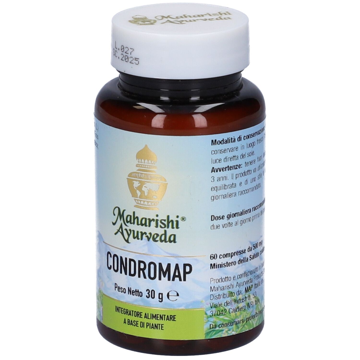 Flacone marrone con tappo bianco. Scritta: Condromap, Maharishi Ayurveda. 60 compresse.