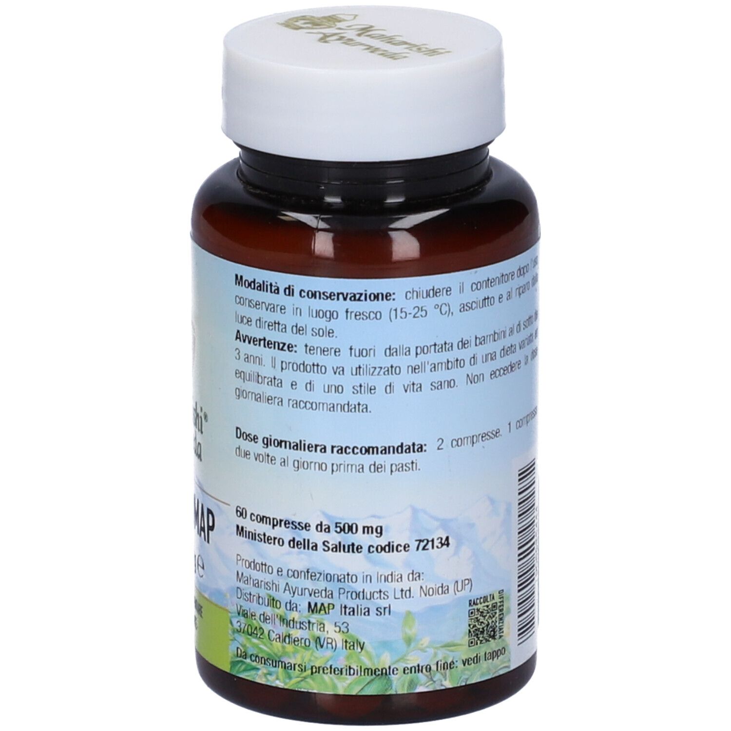 Retro del flacone marrone. Scritta: istruzioni per l'uso, ingredienti. Tappo bianco.