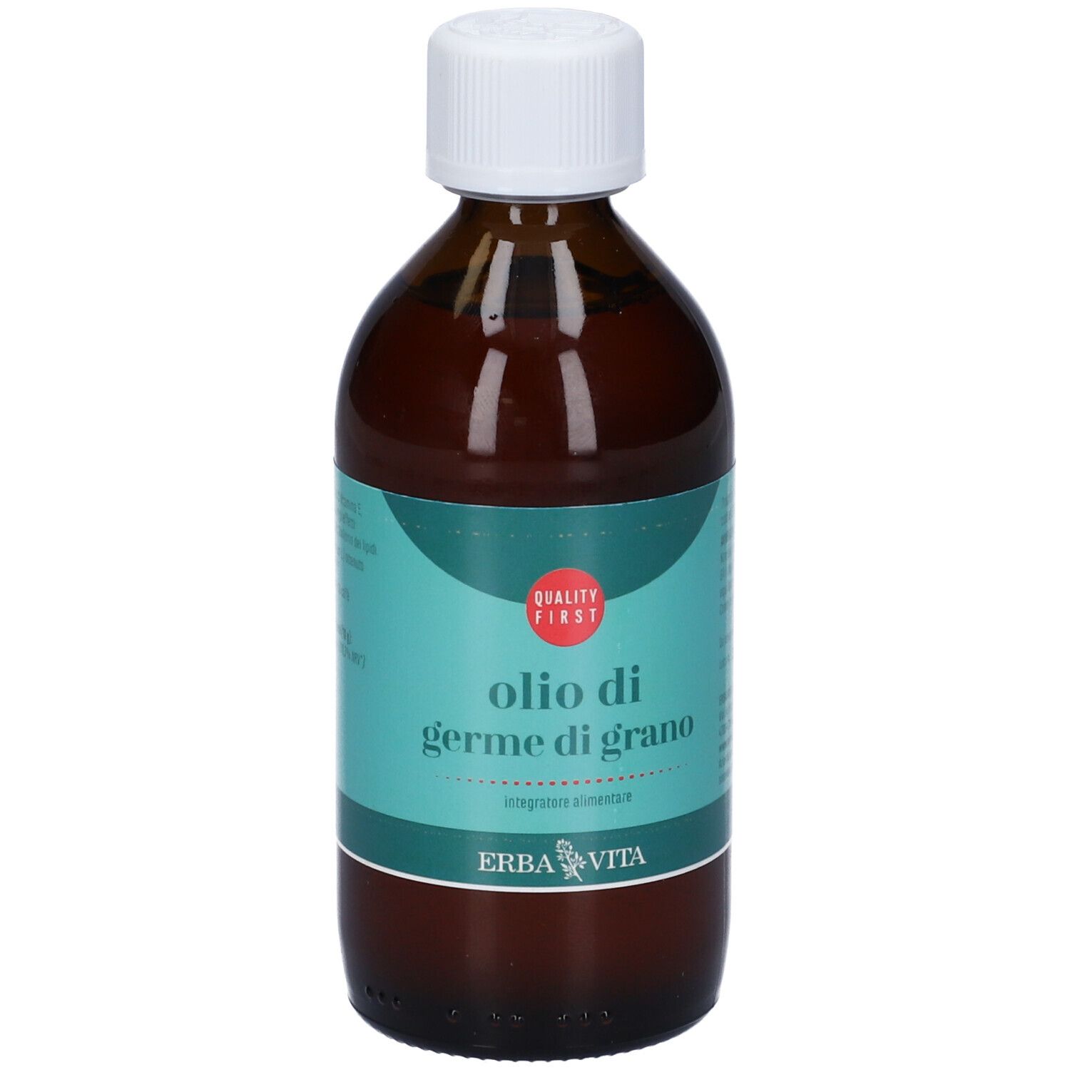 Flacone di vetro marrone con tappo bianco. Scritta: Olio di Germe di Grano. Marchio: Erba Vita. Marchio di qualità.