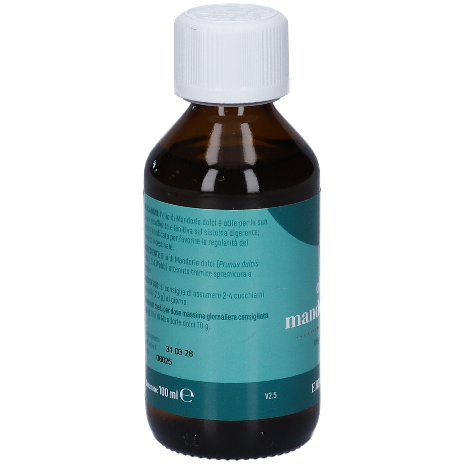 Retro di una bottiglia di vetro marrone con tappo bianco. Testo sull'etichetta, tra cui "olio di mandorle dolci" e "100 ml".