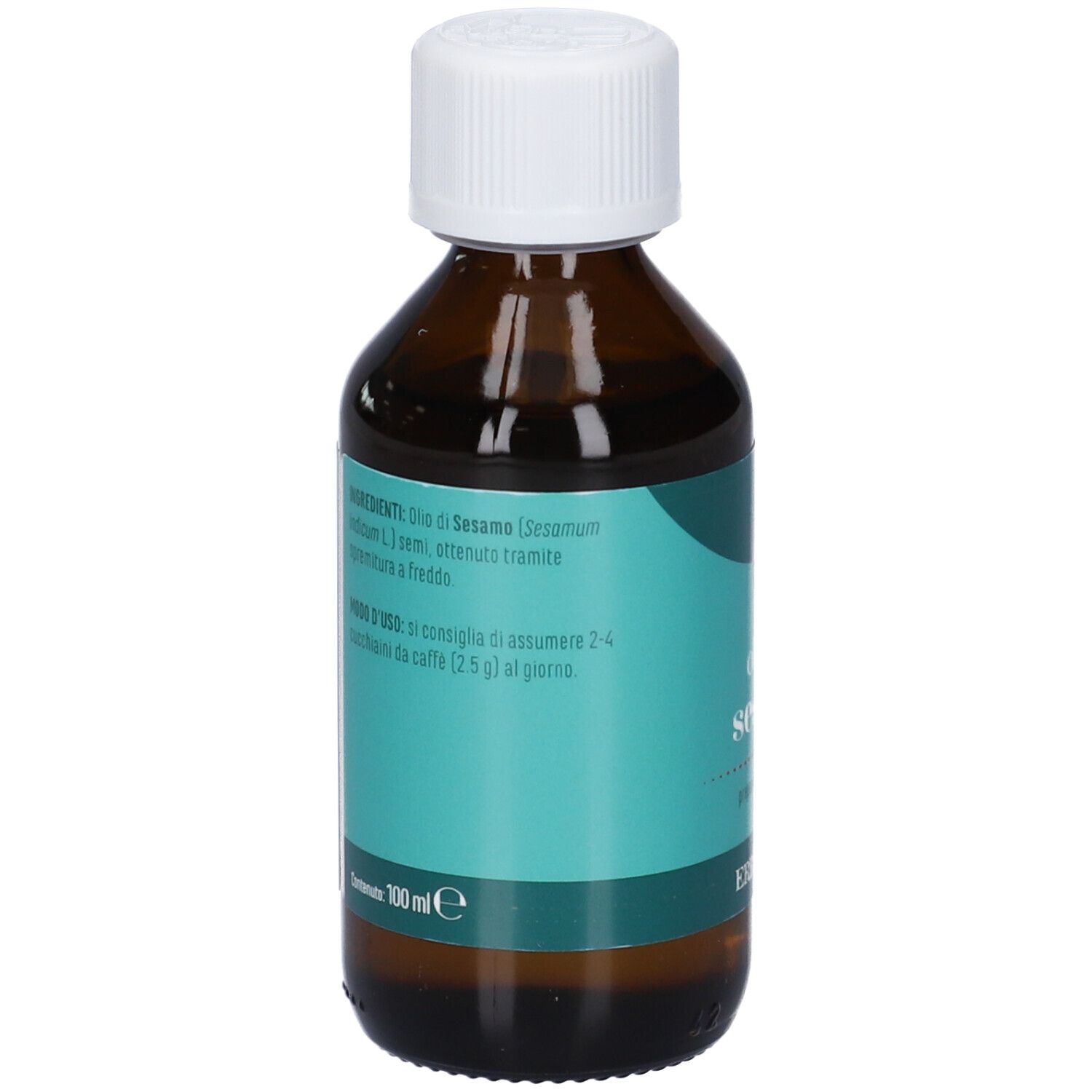 Flacone in vetro marrone con tappo bianco. Etichetta turchese con ingredienti e istruzioni per l'uso. 100 ml.