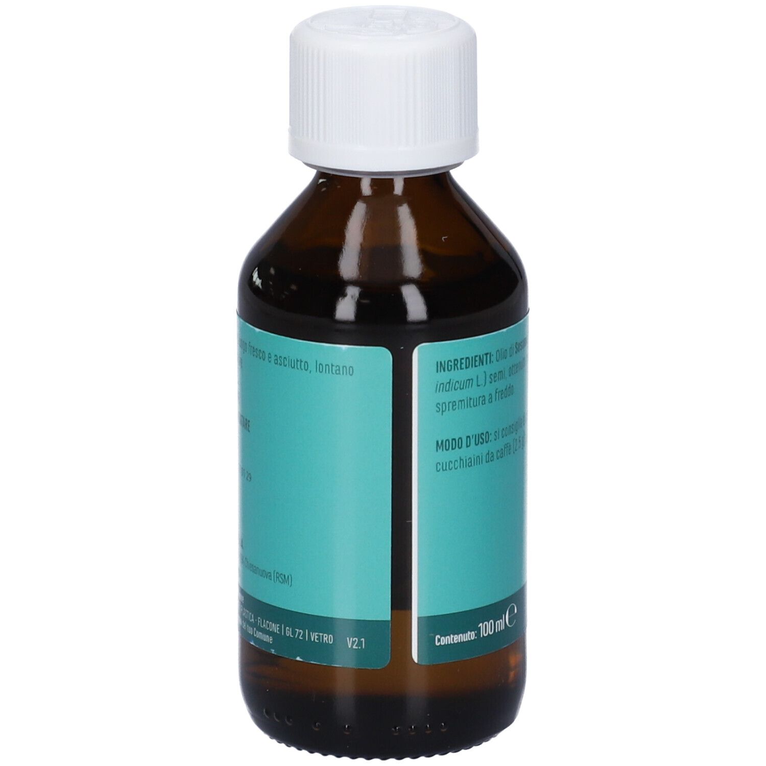 Flacone in vetro marrone con tappo bianco. Etichetta turchese con ingredienti e istruzioni per l'uso. 100 ml.