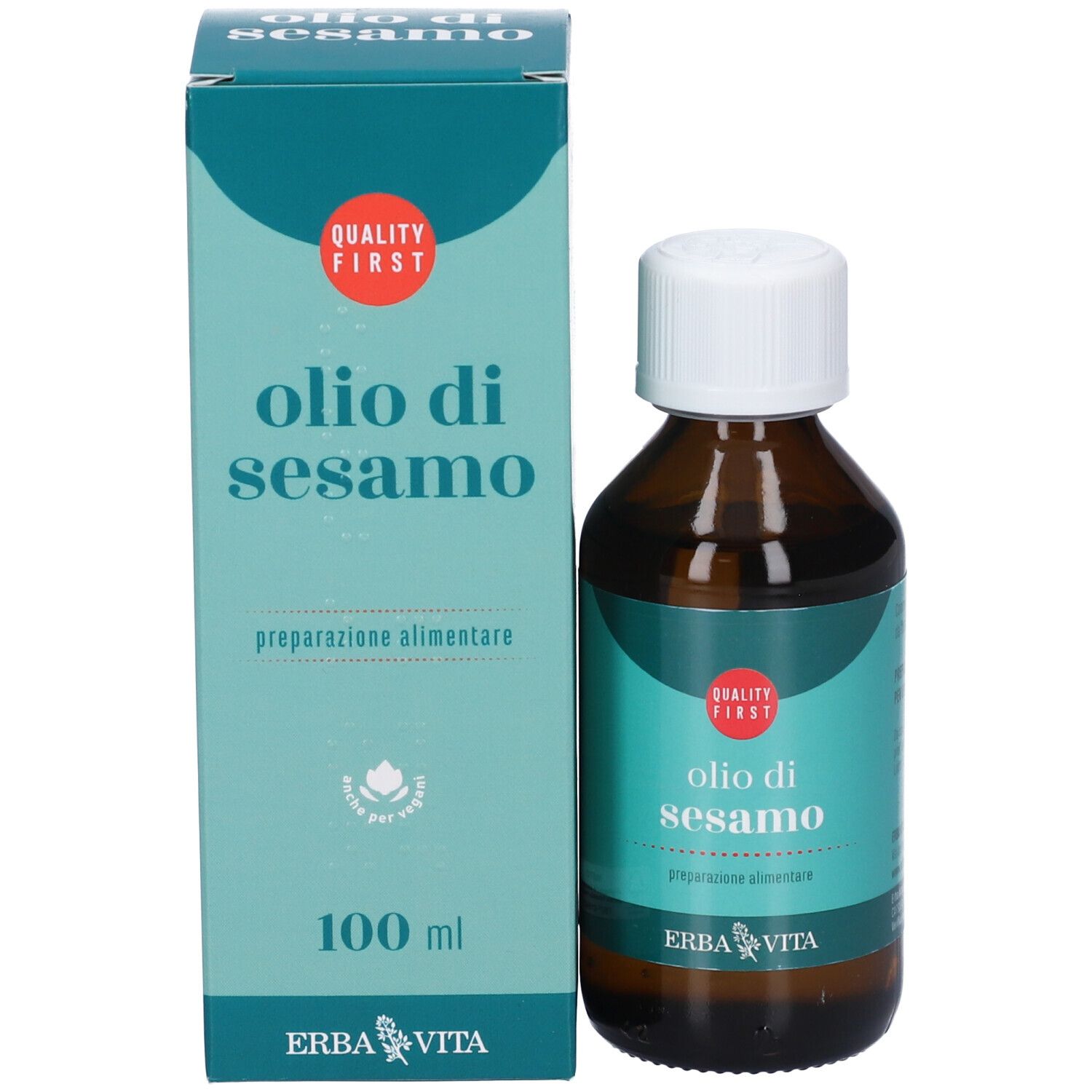 Flacone in vetro marrone con tappo bianco accanto a una scatola turchese. Sulla scatola: olio di sesamo, 100 ml, Erba Vita.