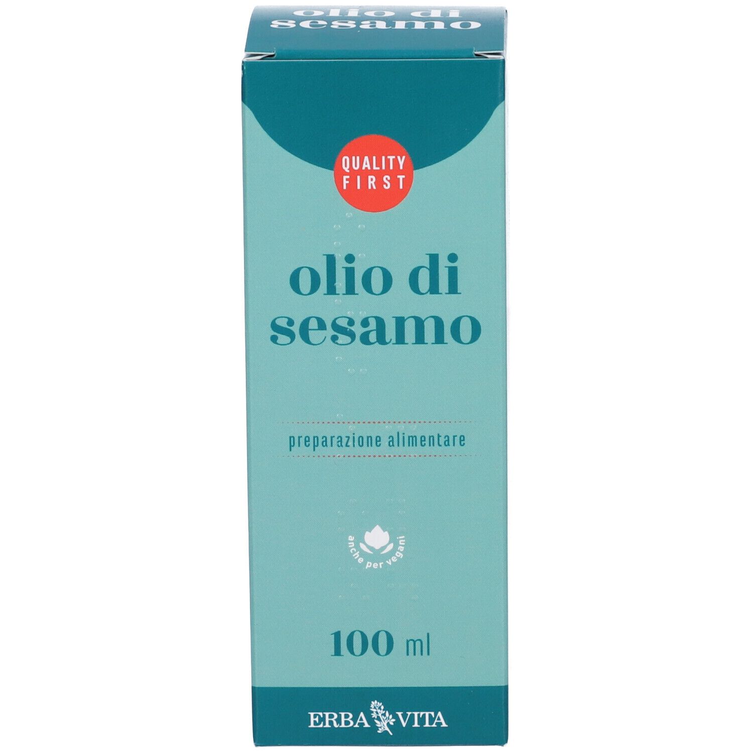Scatola turchese con testo: olio di sesamo, 100 ml, Erba Vita. Sigillo di qualità.