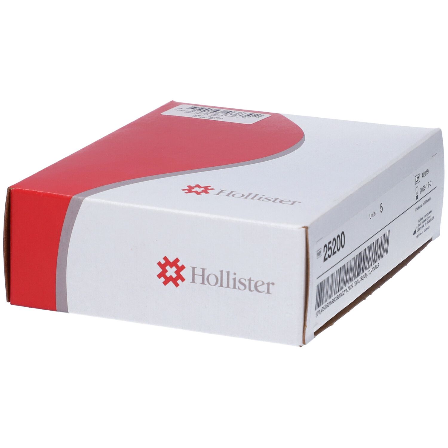 Scatola bianca e rossa. Marchio Hollister. Numero prodotto e codice a barre visibili.