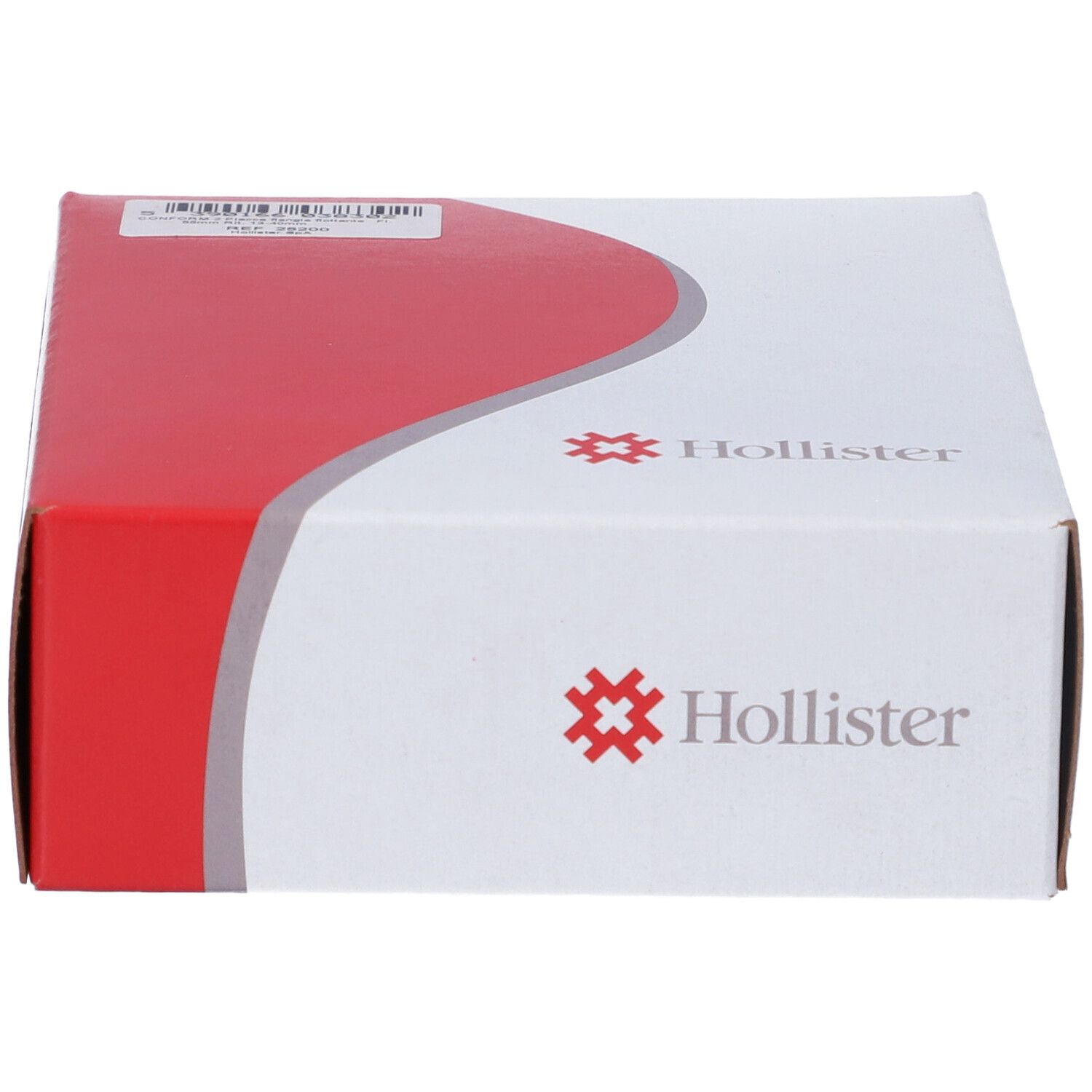 Scatola bianca e rossa. Logo Hollister. Numero prodotto e codice a barre.