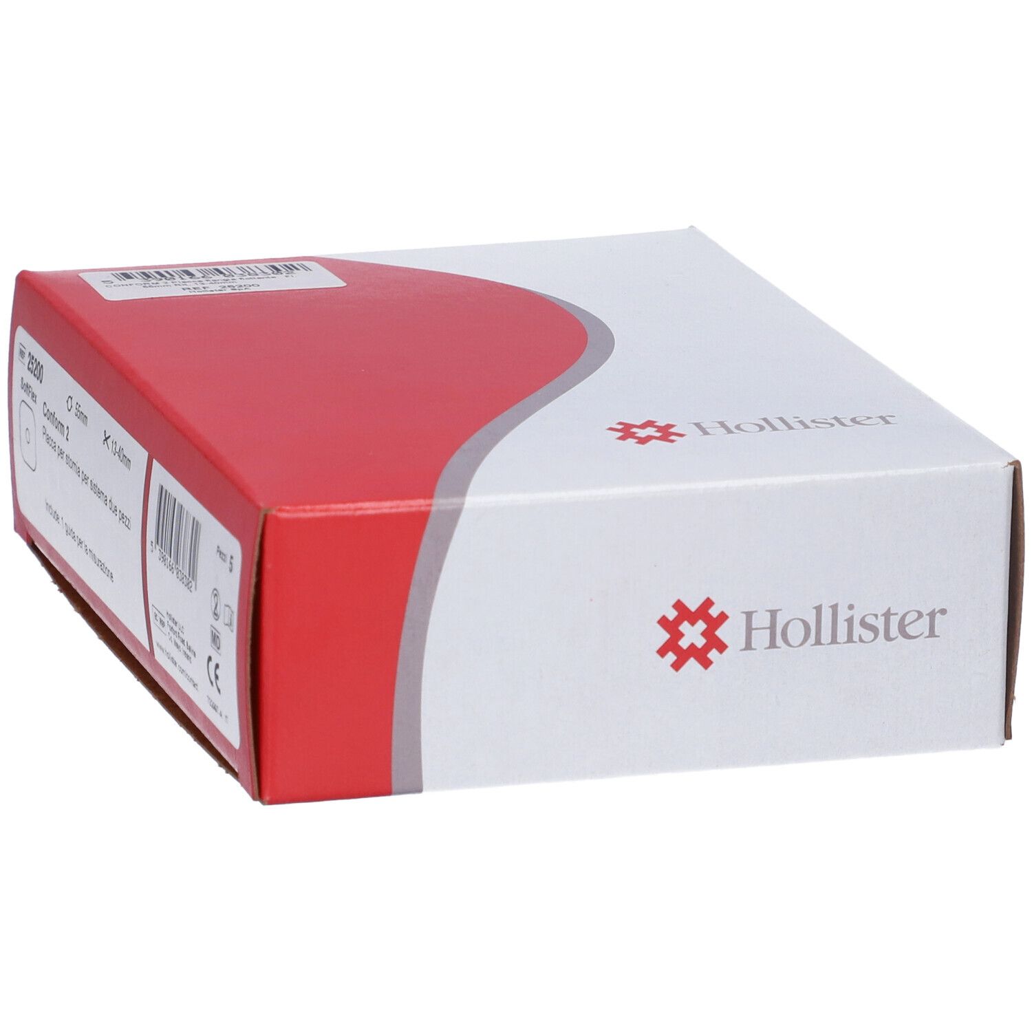 Scatola bianca e rossa. Logo Hollister. Numero prodotto e marchio CE.